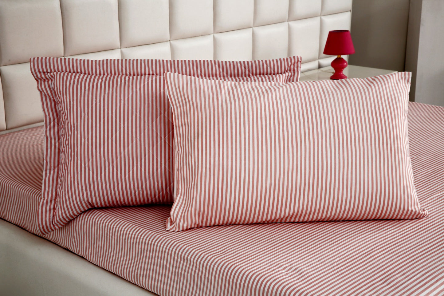 6 PCs Reversible Bed Spread Set-Pink Stripes Bed Spread Apricot   