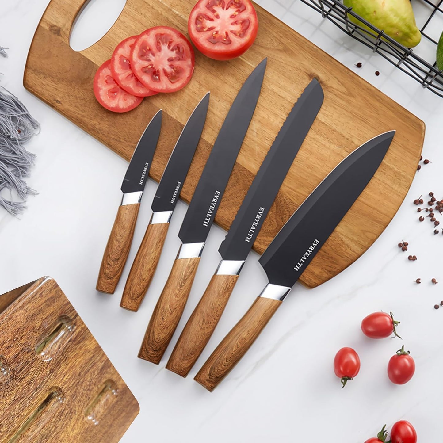 6 PCs Wooden Knife Set With Stand-(5292)Jet Black  Apricot   