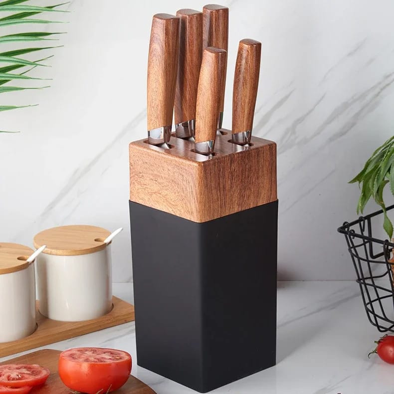 6 PCs Wooden Knife Set With Stand-(5292)Jet Black  Apricot   