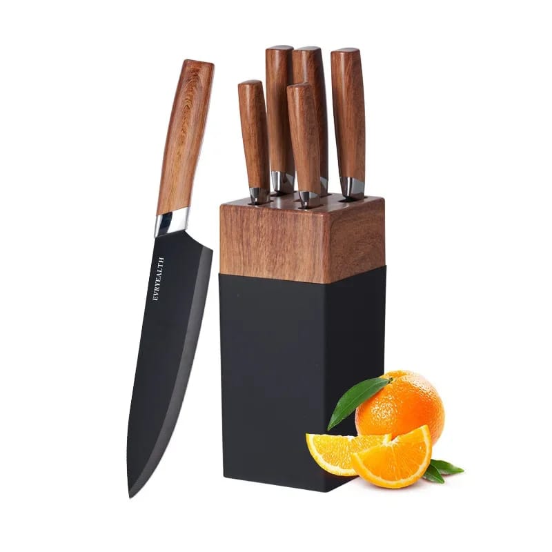 6 PCs Wooden Knife Set With Stand-(5292)Jet Black  Apricot   