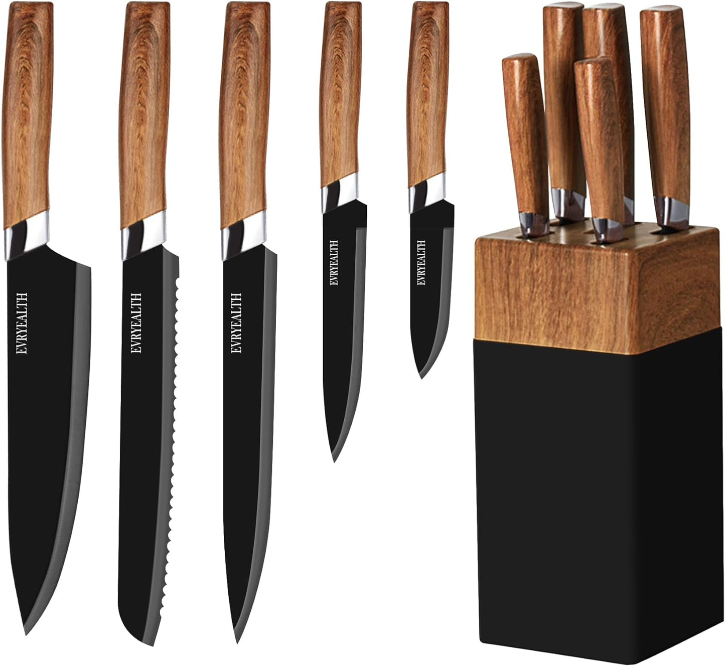 6 PCs Wooden Knife Set With Stand-(5292)Jet Black  Apricot   