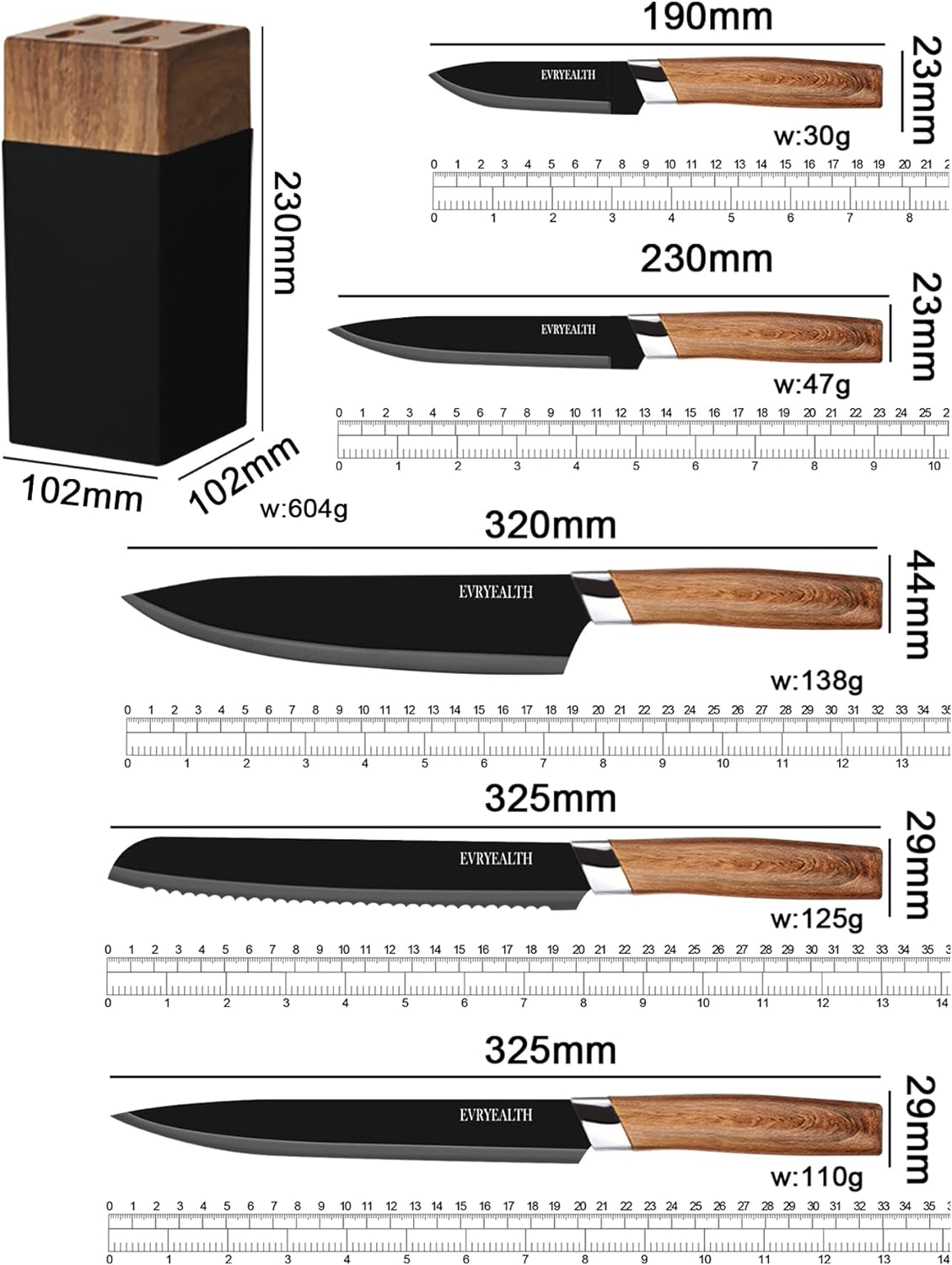 6 PCs Wooden Knife Set With Stand-(5292)Jet Black  Apricot   