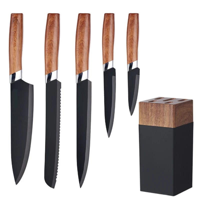 6 PCs Wooden Knife Set With Stand-(5292)Jet Black  Apricot   