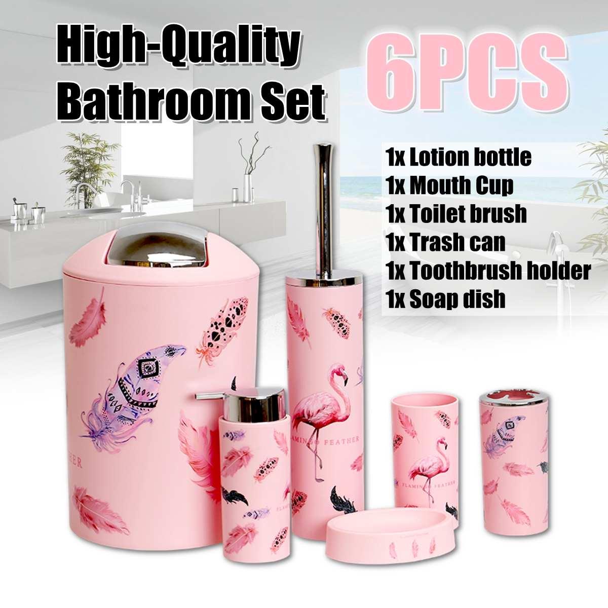 6 Pcs Printed Bathroom Accessory Set Bathroom Accessory Sets Apricot   