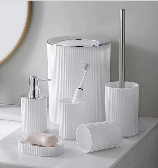 6 Pcs Printed Bathroom Accessory Set-White with Sliver Lid Bathroom Accessory Sets Apricot   