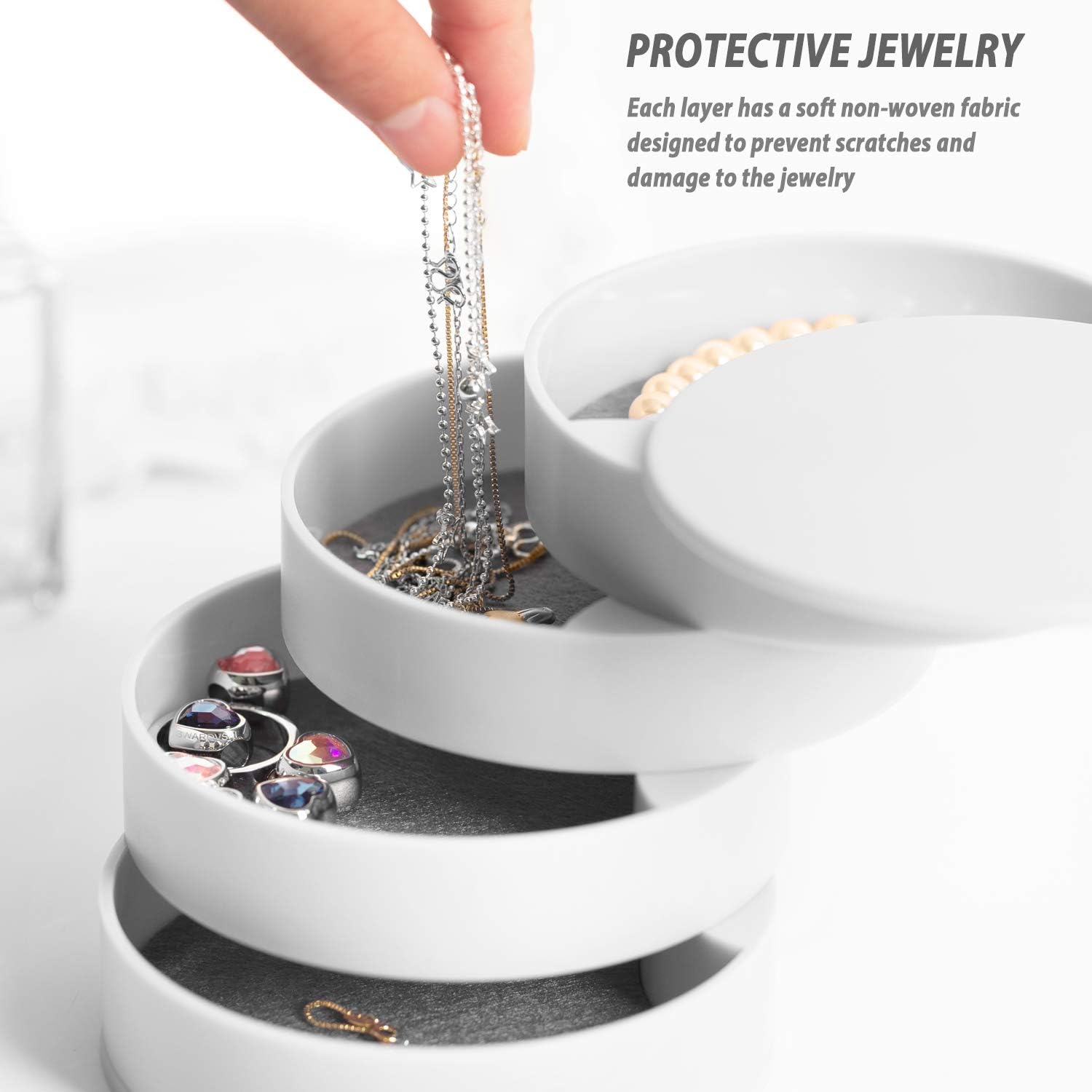 360° Rotatable Jewelry Organizer With Mirror-SA2408-191(White) Cosmetic Organizer Apricot
