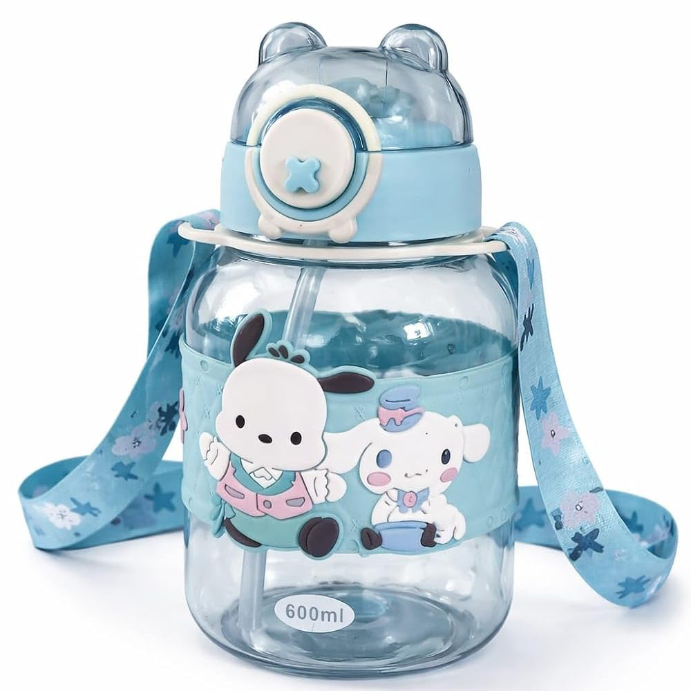 Kids Cartoon Sipper Water Bottle 600ml with Adjustable Strap (SA2510-146)Blue Apricot