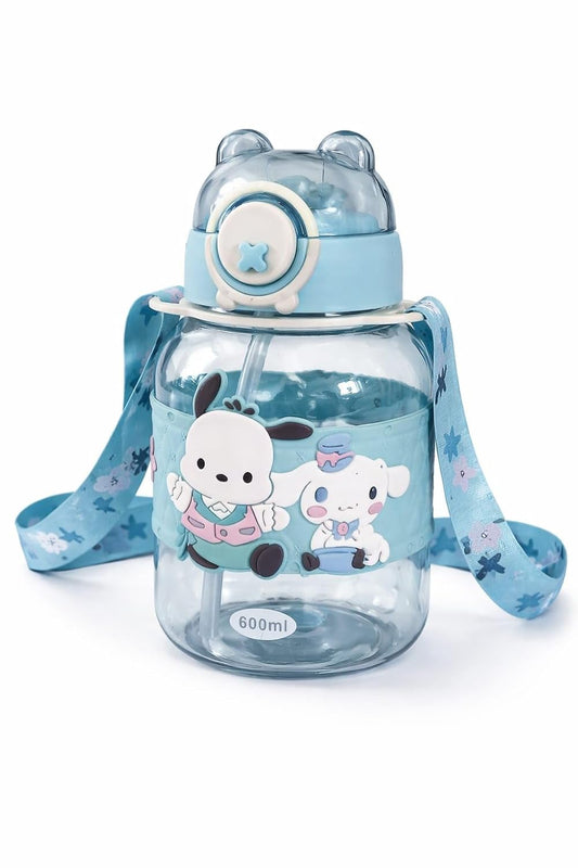 Kids Cartoon Sipper Water Bottle 600ml with Adjustable Strap (SA2510-146)Blue Apricot