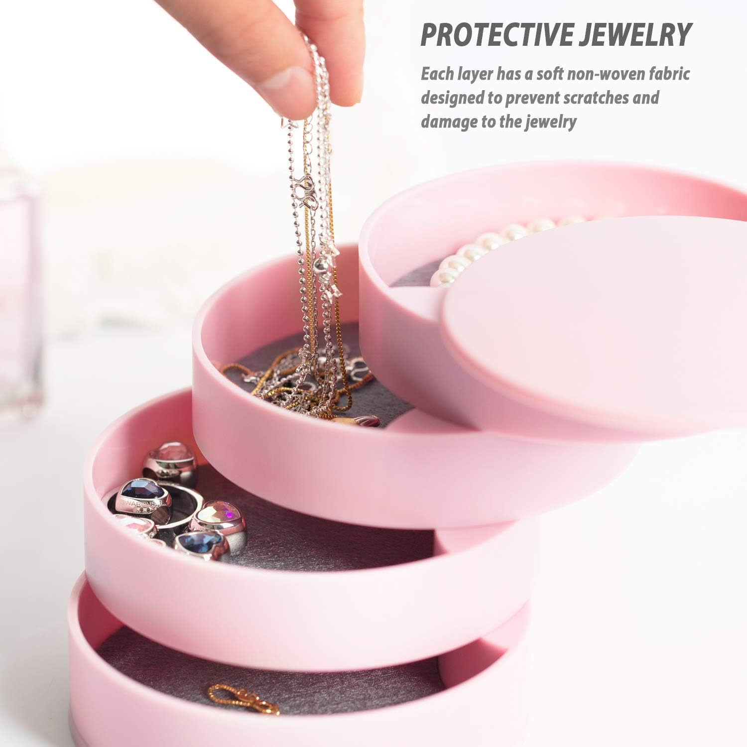 360° Rotatable Jewelry Organizer With Mirror-SA2408-191(Pink) Cosmetic Organizer Apricot