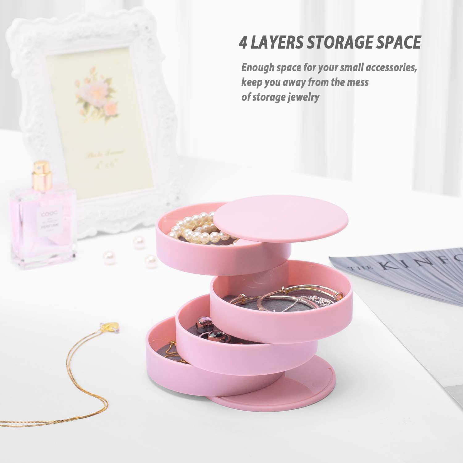 360° Rotatable Jewelry Organizer With Mirror-SA2408-191(Pink) Cosmetic Organizer Apricot