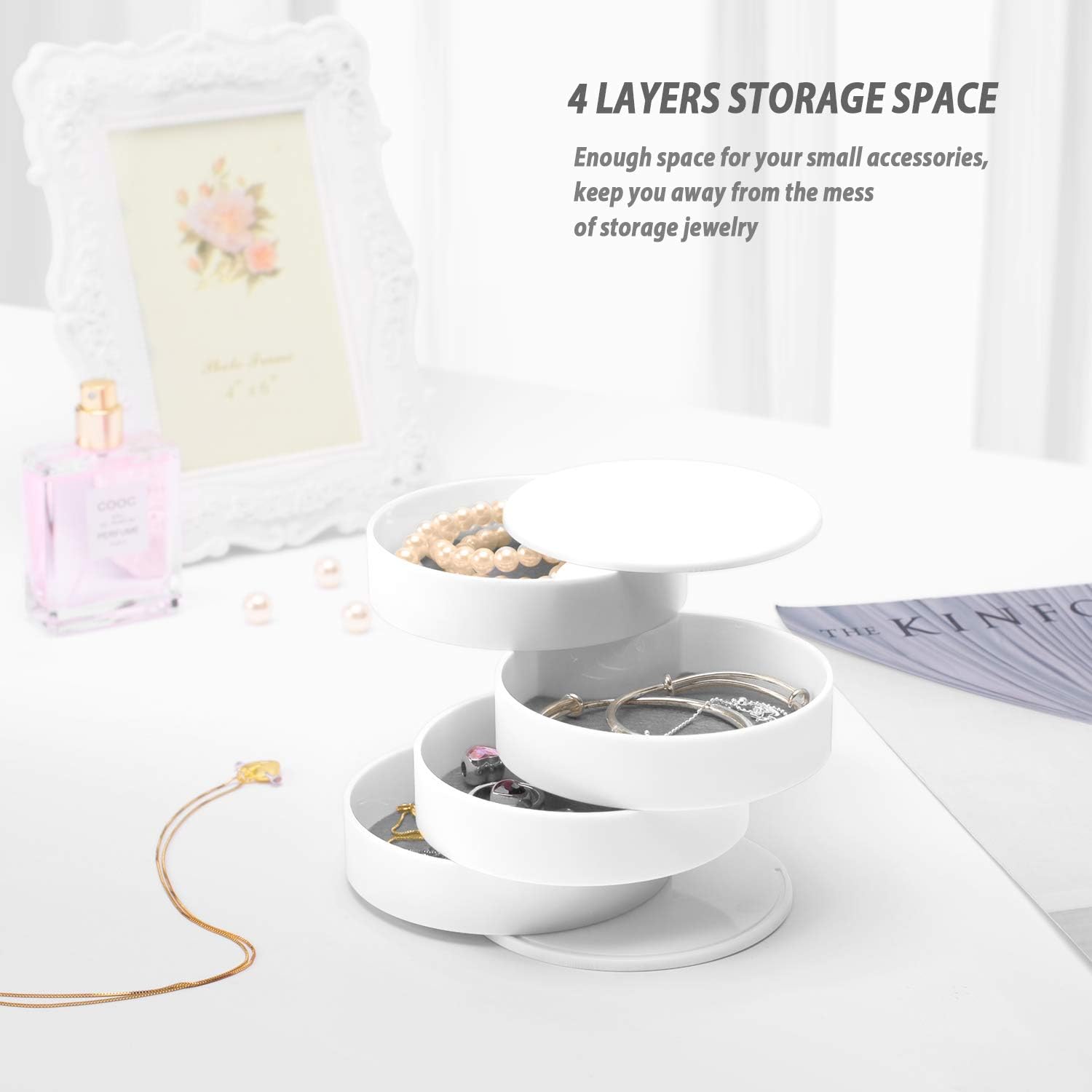 360° Rotatable Jewelry Organizer With Mirror-SA2408-191(White) Cosmetic Organizer Apricot