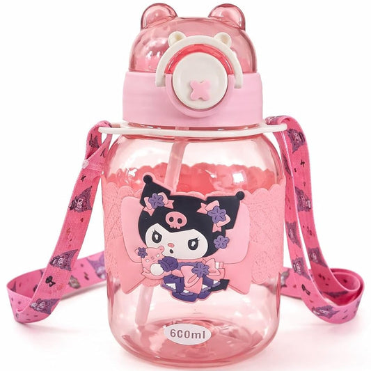 Kids Cartoon Sipper Water Bottle 600ml with Adjustable Strap (SA2510-146)Pink Apricot