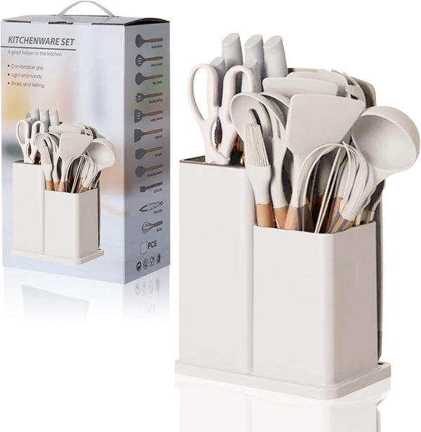 19 PCs Silicon Cooking & Knife Set With Board-Ash White