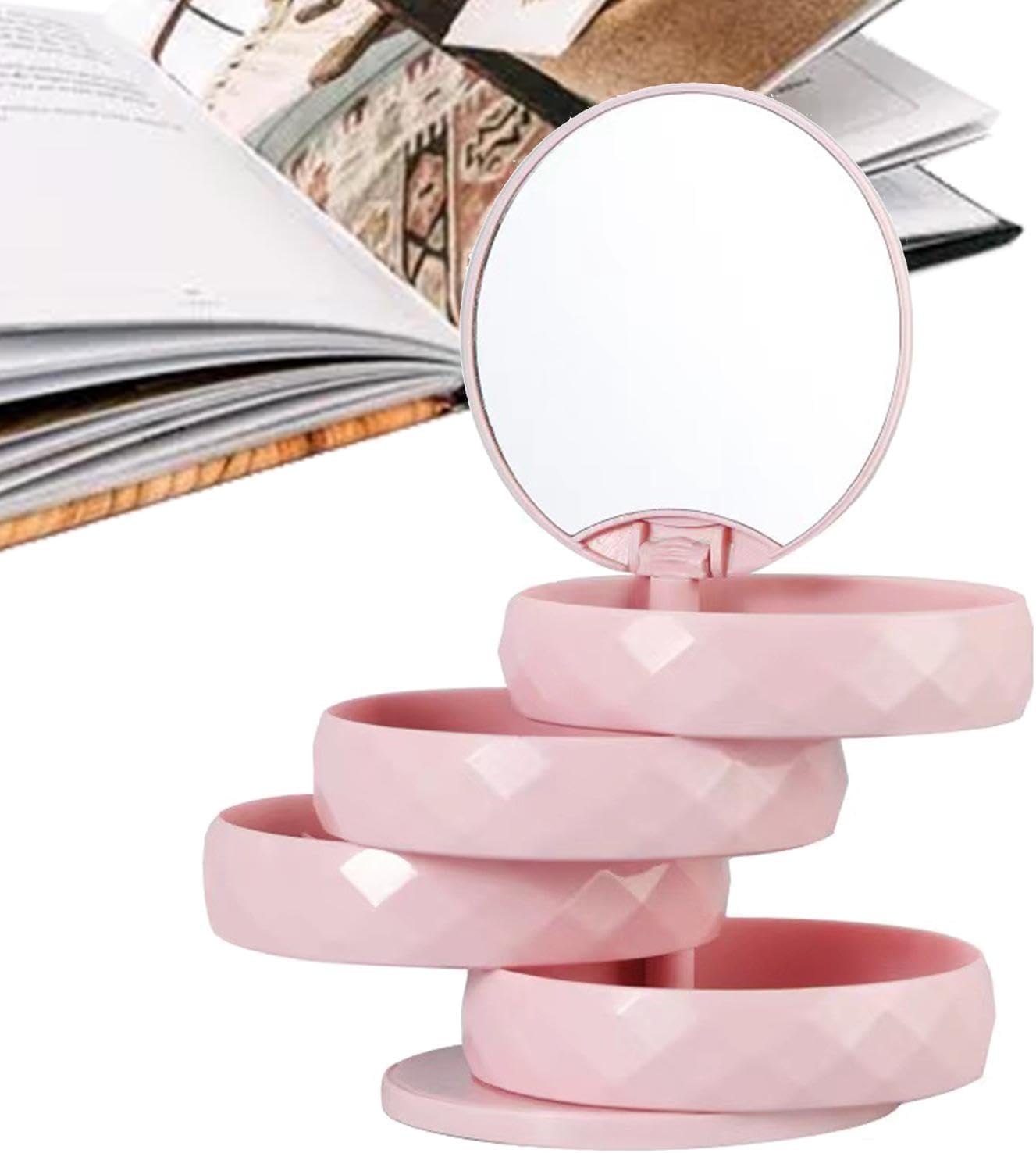 360° Rotatable Jewelry Organizer With Mirror-SA2411-51(Pink) Cosmetic Organizer Apricot