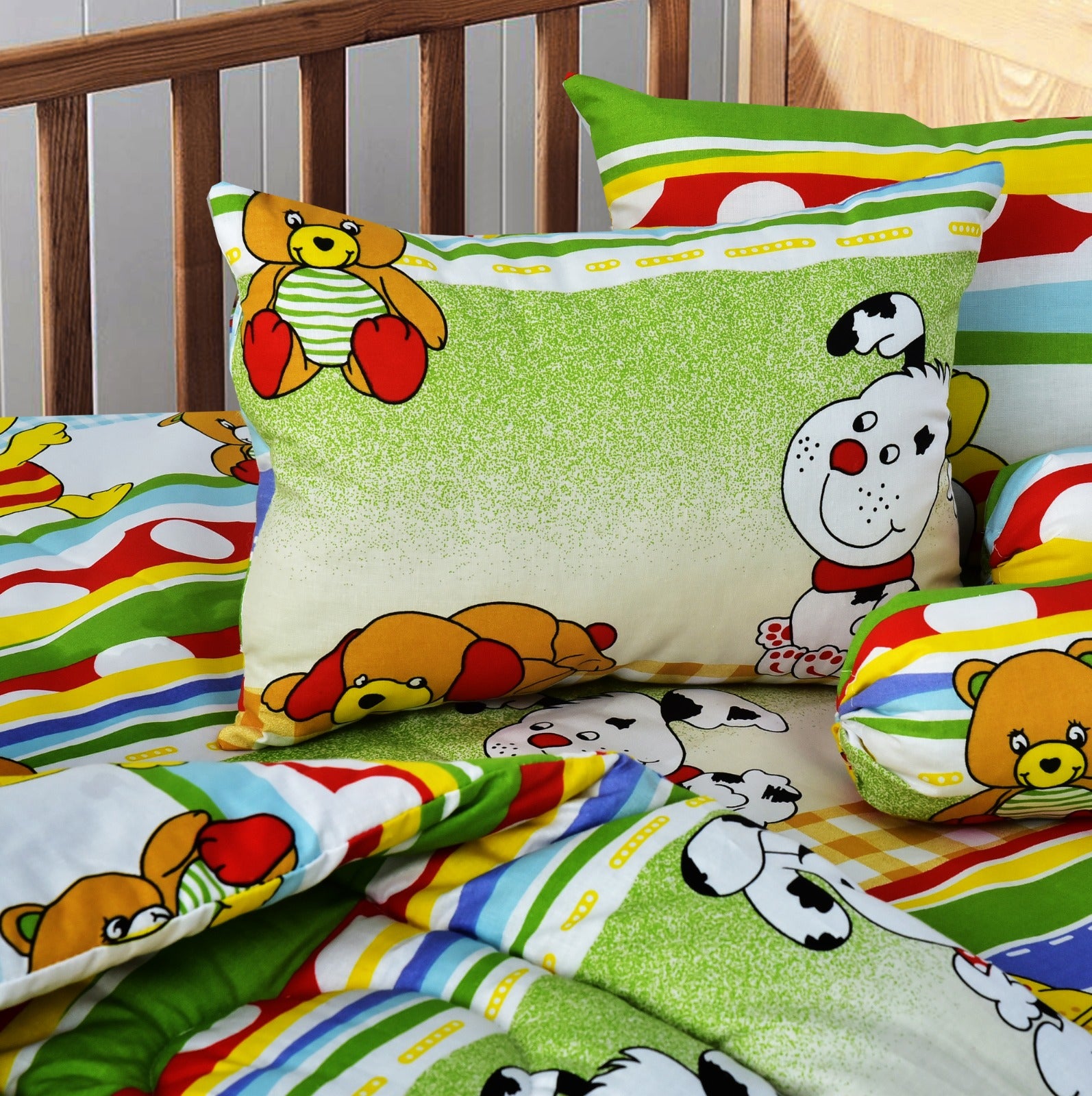 7 PCs Baby Cot Set With Waterproof Sheet- Teddy Bears baby beds Apricot   