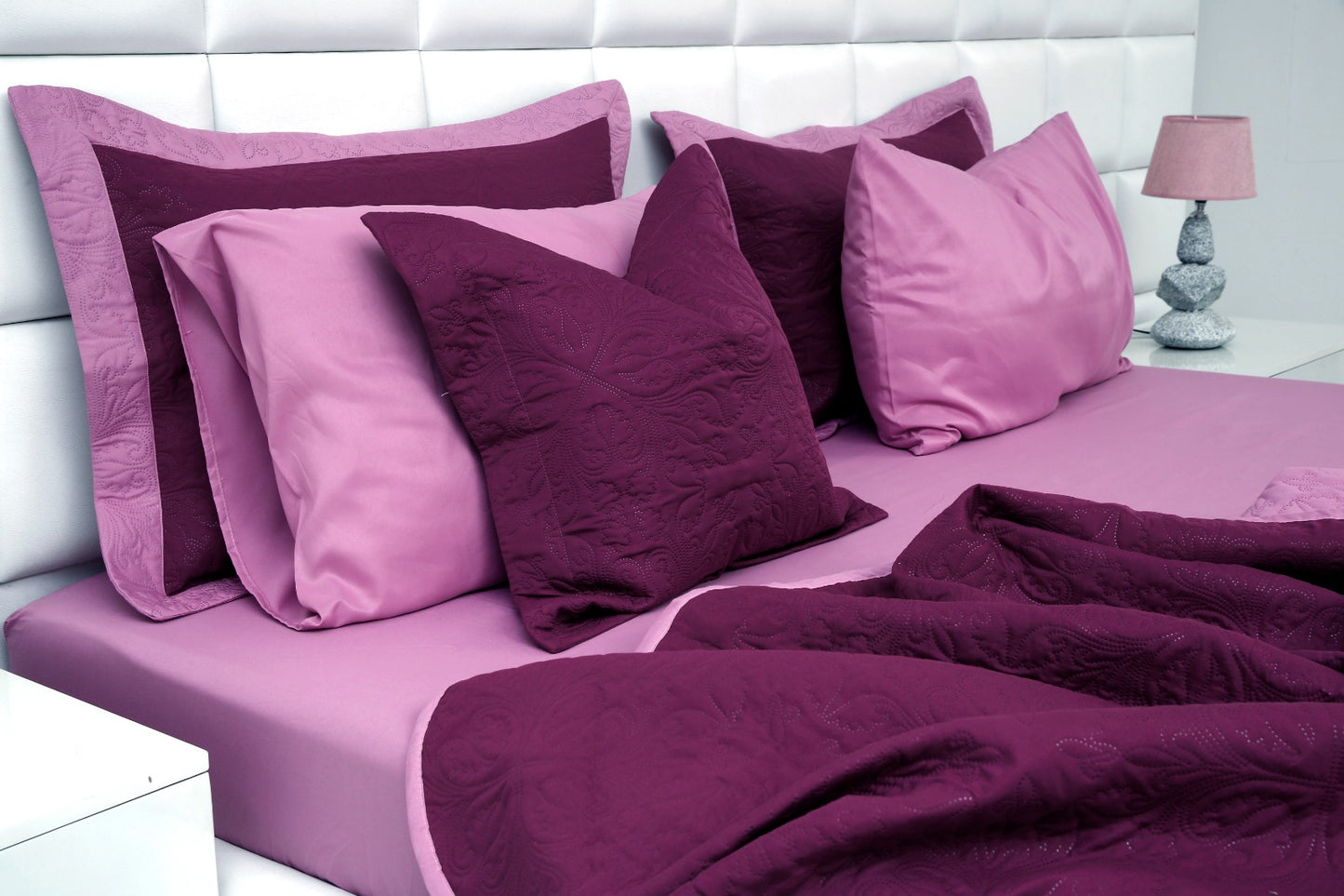 7 PCs Ultrasonic Bed Spread Set-Lilac Over Plum Bed Spread Apricot   