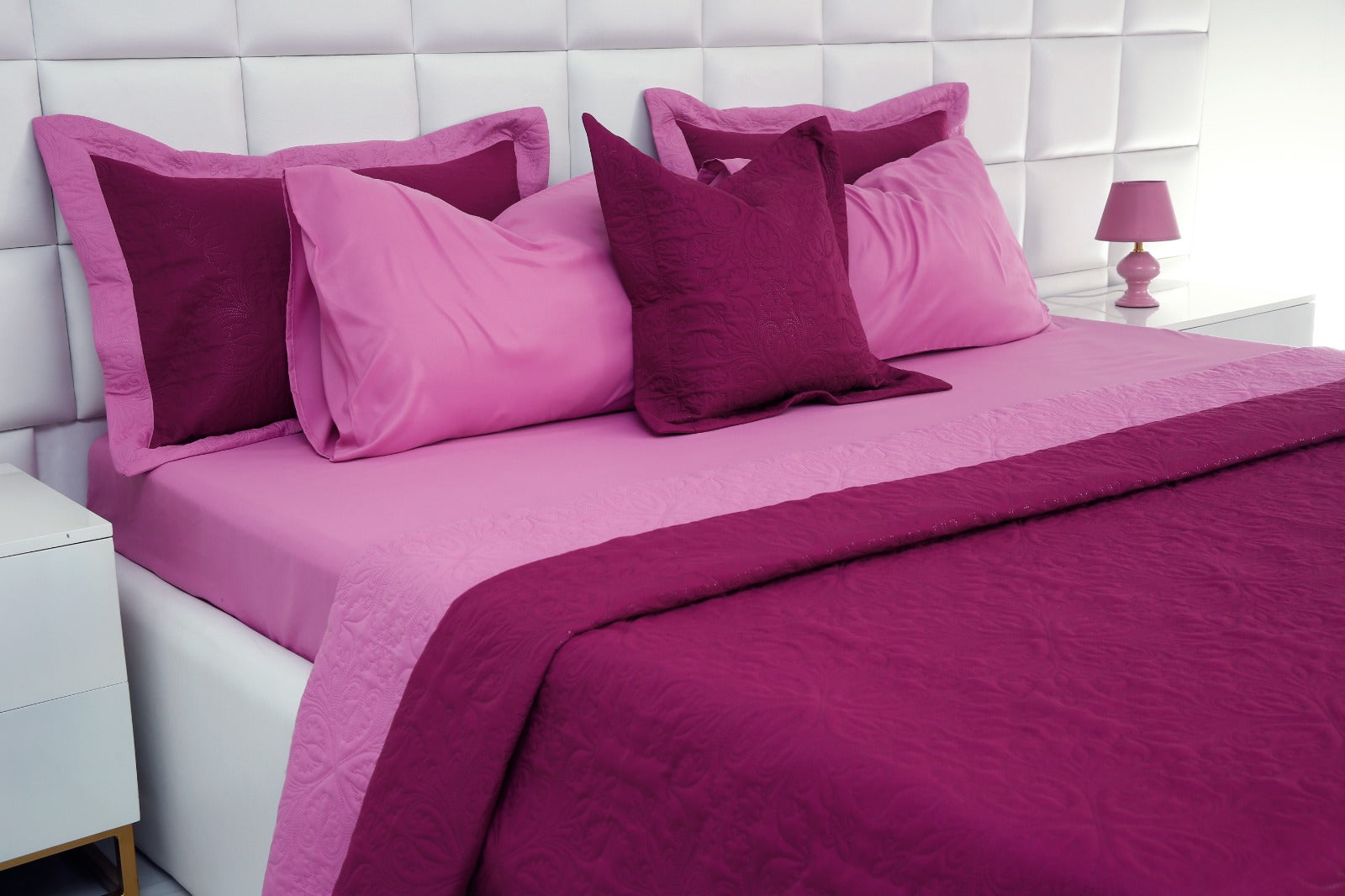 7 PCs Ultrasonic Bed Spread Set-Lilac over Plum Bed Spread Apricot   