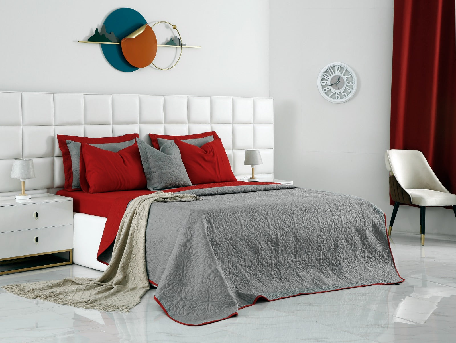 7 PCs Ultrasonic Bed Spread Set-Maroon Over Grey Bed Spread Apricot   