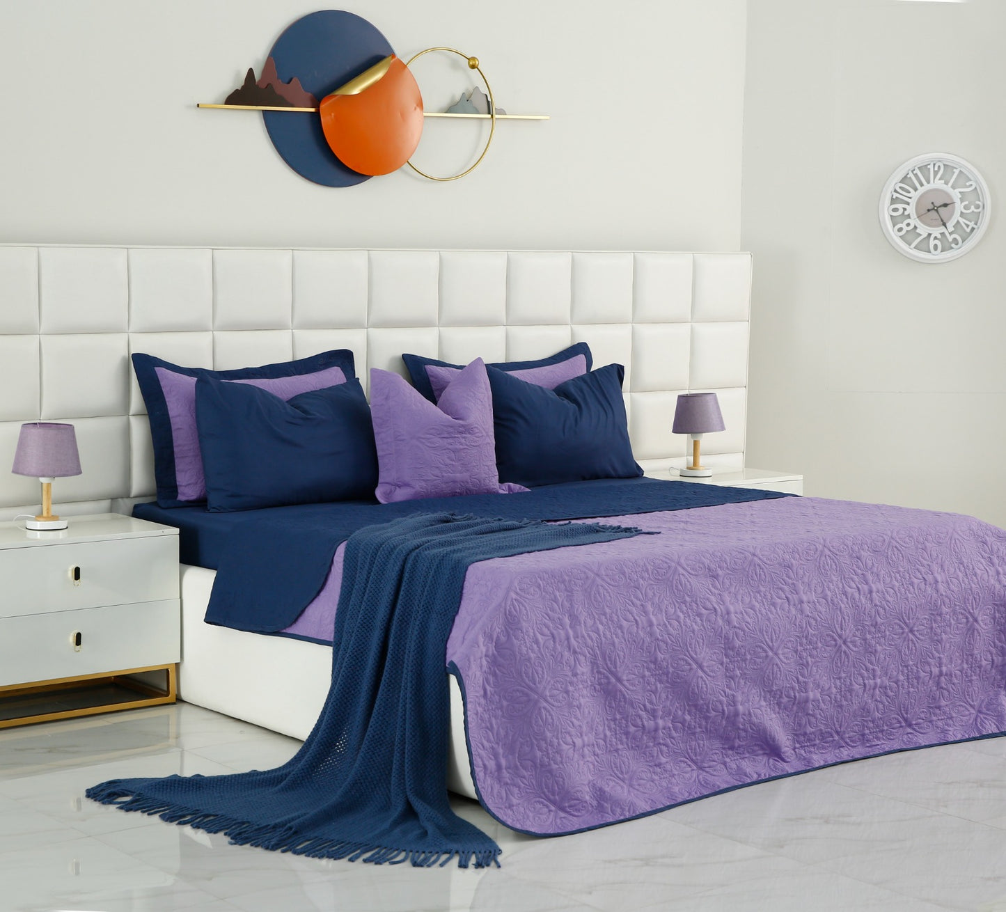 7 PCs Ultrasonic Bed Spread Set-Navy Blue Over Purple Bed Spread Apricot   