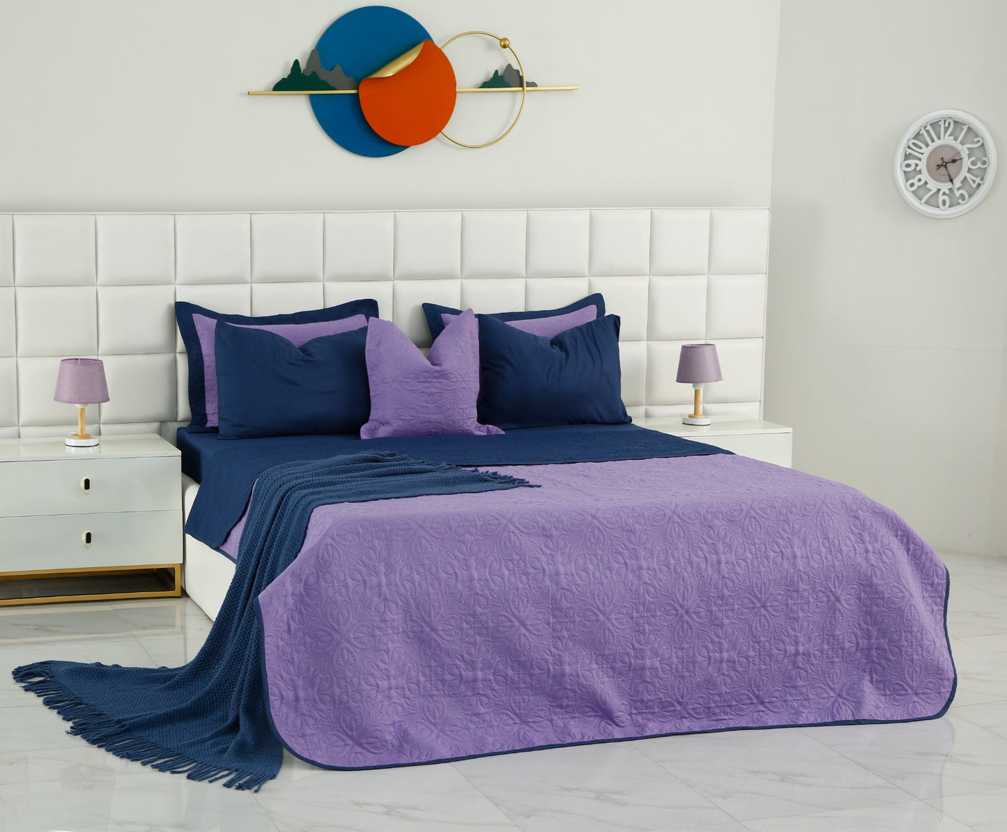 7 PCs Ultrasonic Bed Spread Set-Navy Blue Over Purple Bed Spread Apricot   