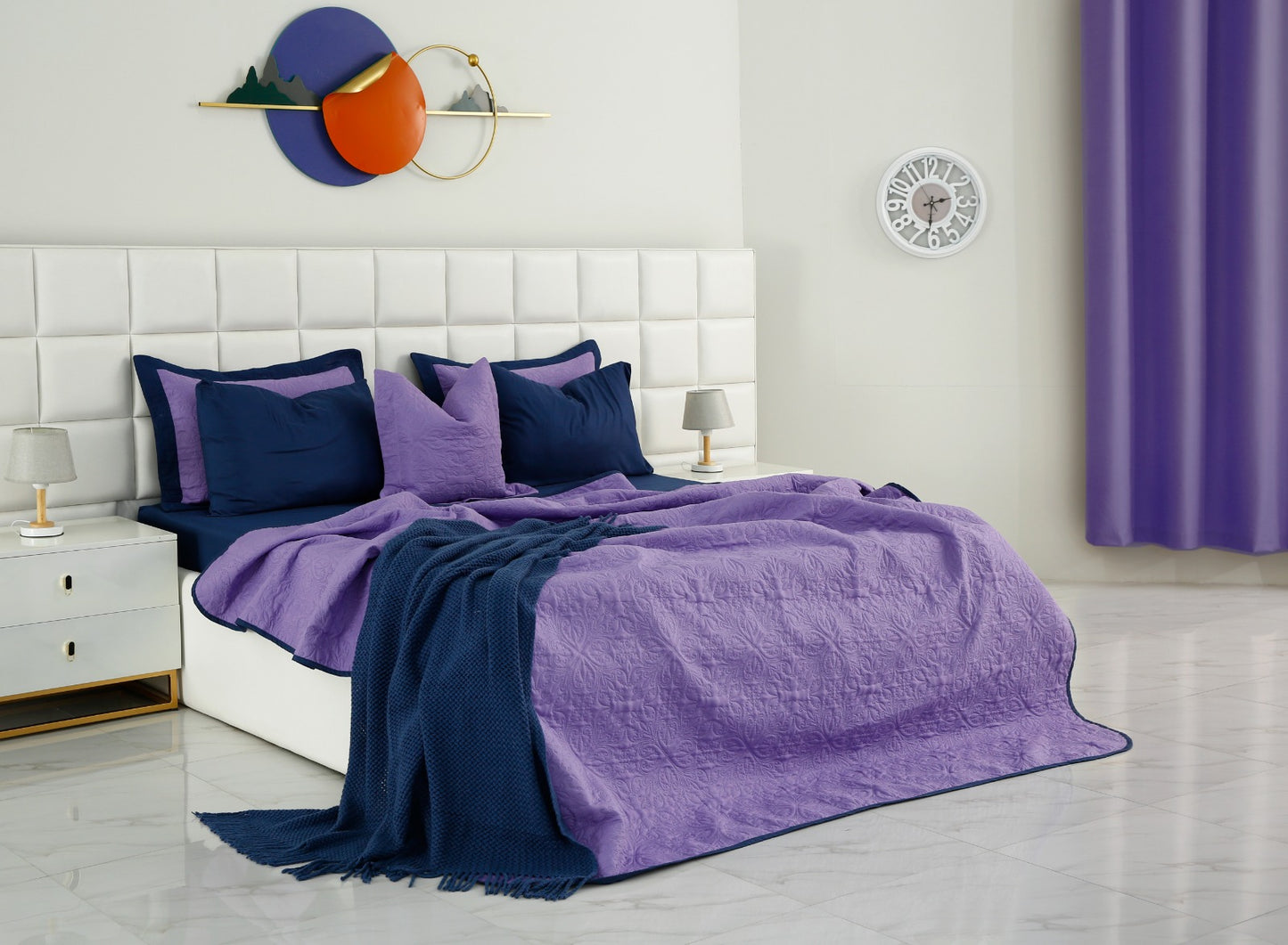 7 PCs Ultrasonic Bed Spread Set-Navy Blue Over Purple Bed Spread Apricot   