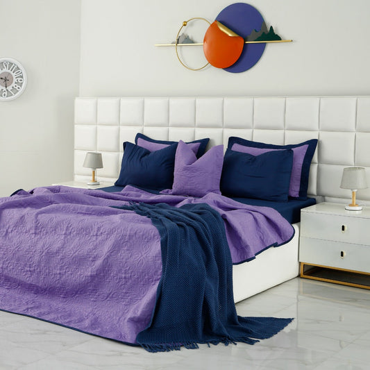 7 PCs Ultrasonic Bed Spread Set-Navy Blue Over Purple Bed Spread Apricot   