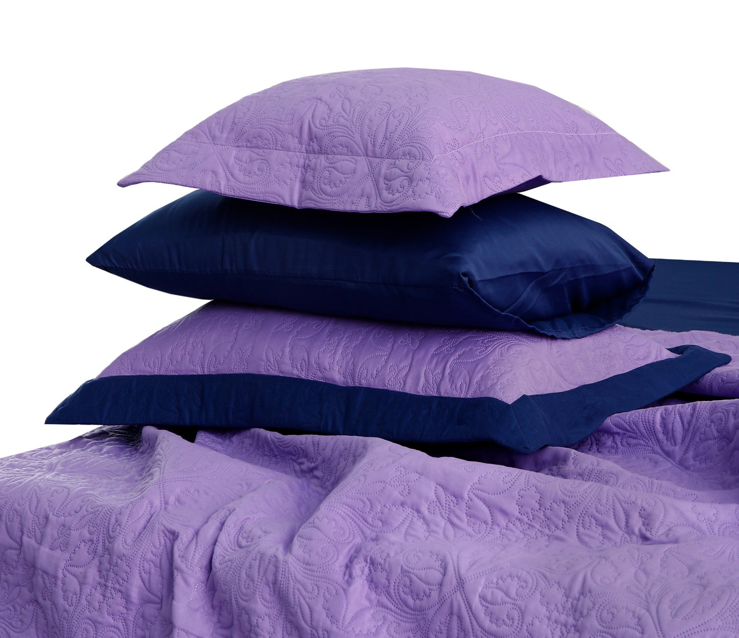 7 PCs Ultrasonic Bed Spread Set-Navy Blue Over Purple Bed Spread Apricot   