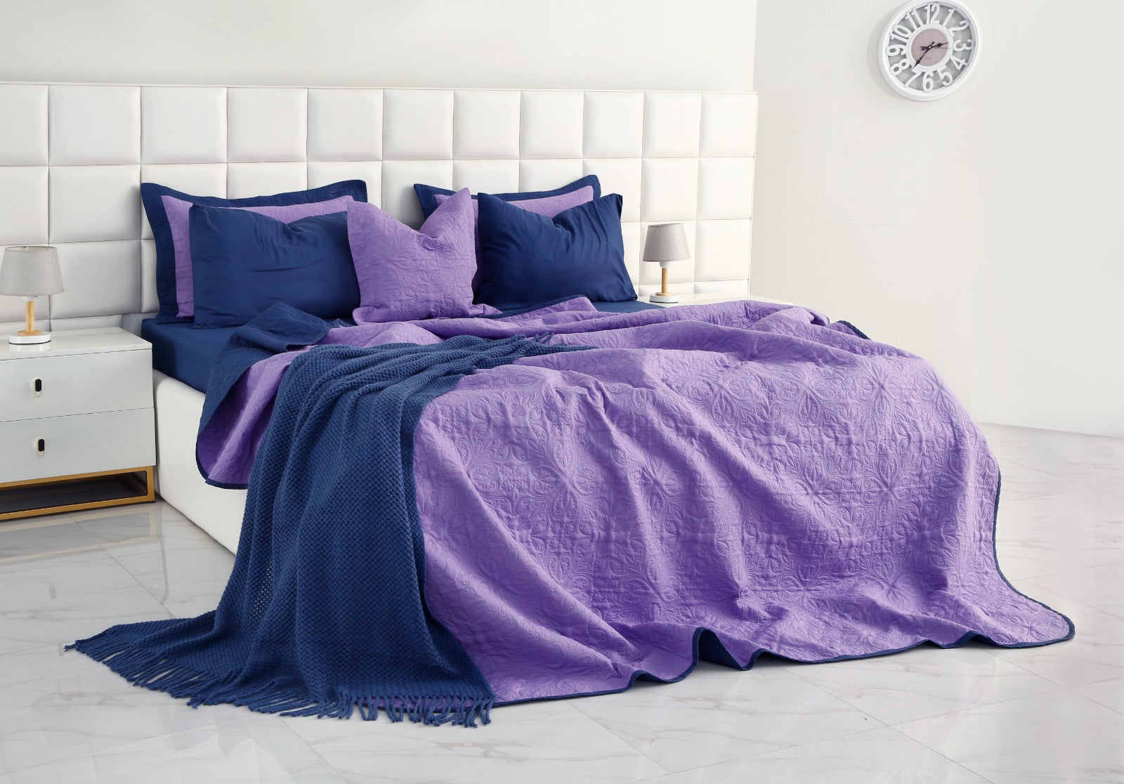 7 PCs Ultrasonic Bed Spread Set-Navy Blue Over Purple Bed Spread Apricot   