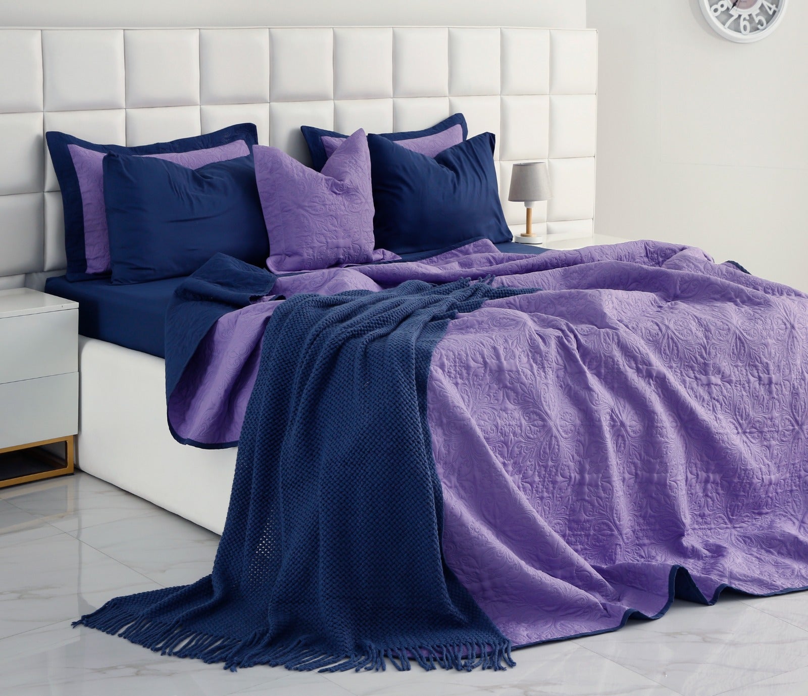 7 PCs Ultrasonic Bed Spread Set-Navy Blue Over Purple Bed Spread Apricot   