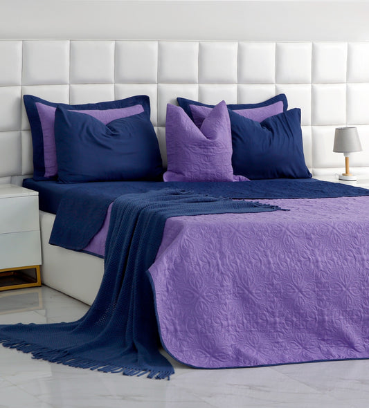 7 PCs Ultrasonic Bed Spread Set-Navy Blue Over Purple Bed Spread Apricot   