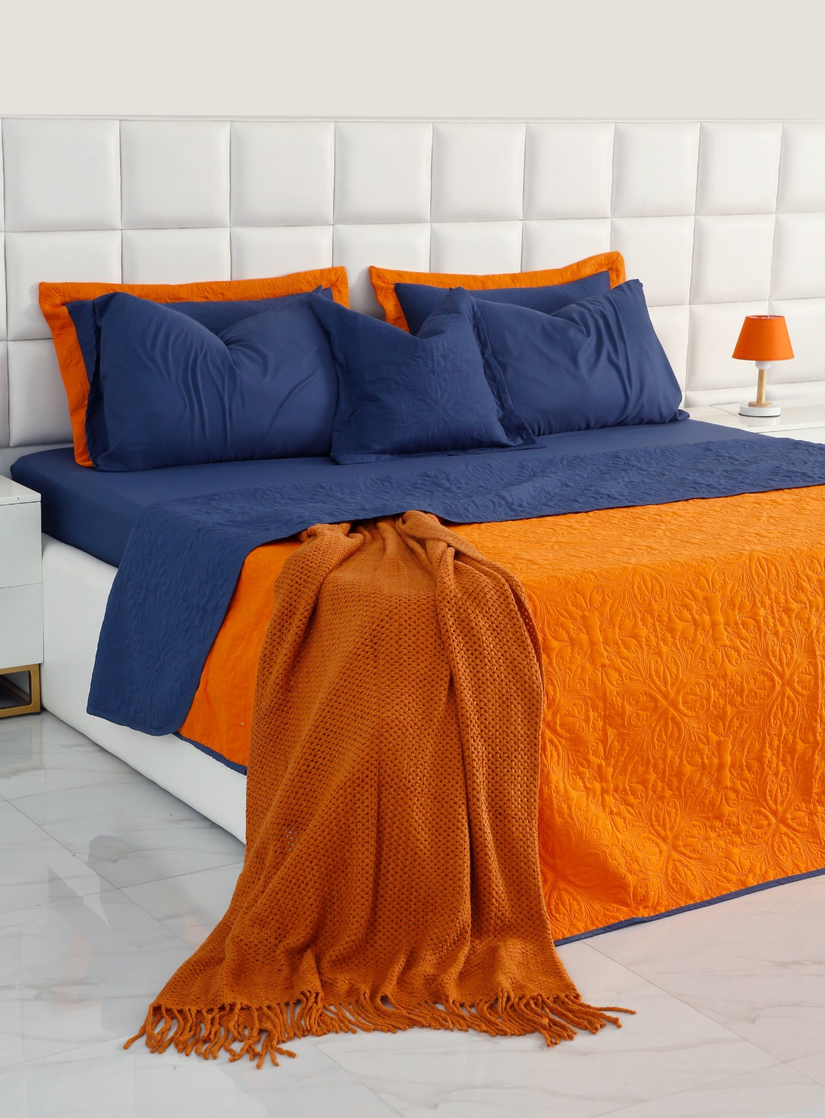 7 PCs Ultrasonic Bed Spread Set-Navy Blue over Orange Bed Spread Apricot   