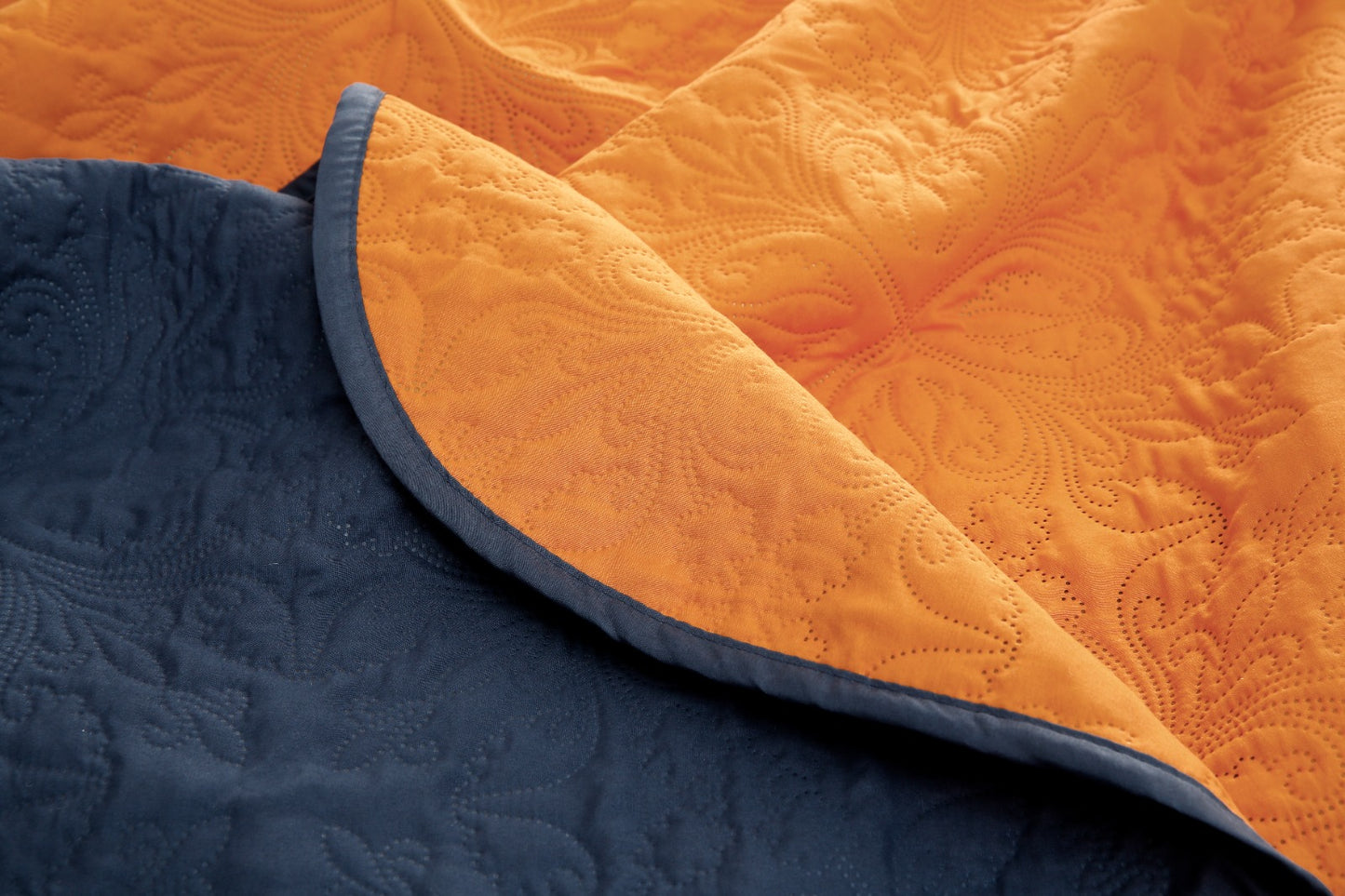 7 PCs Ultrasonic Bed Spread Set-Navy Blue over Orange Bed Spread Apricot   