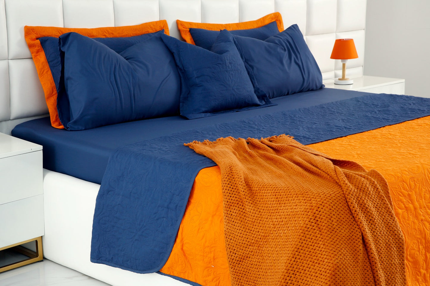 7 PCs Ultrasonic Bed Spread Set-Navy Blue over Orange Bed Spread Apricot   