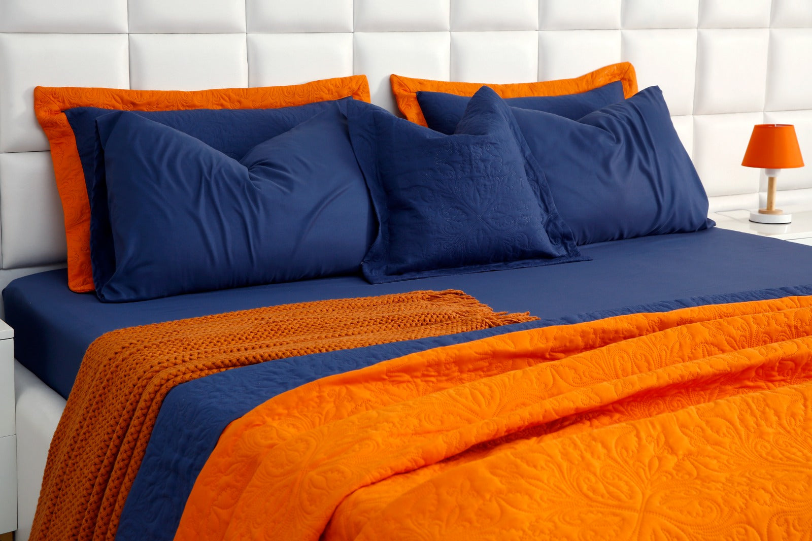 7 PCs Ultrasonic Bed Spread Set-Navy Blue over Orange Bed Spread Apricot   