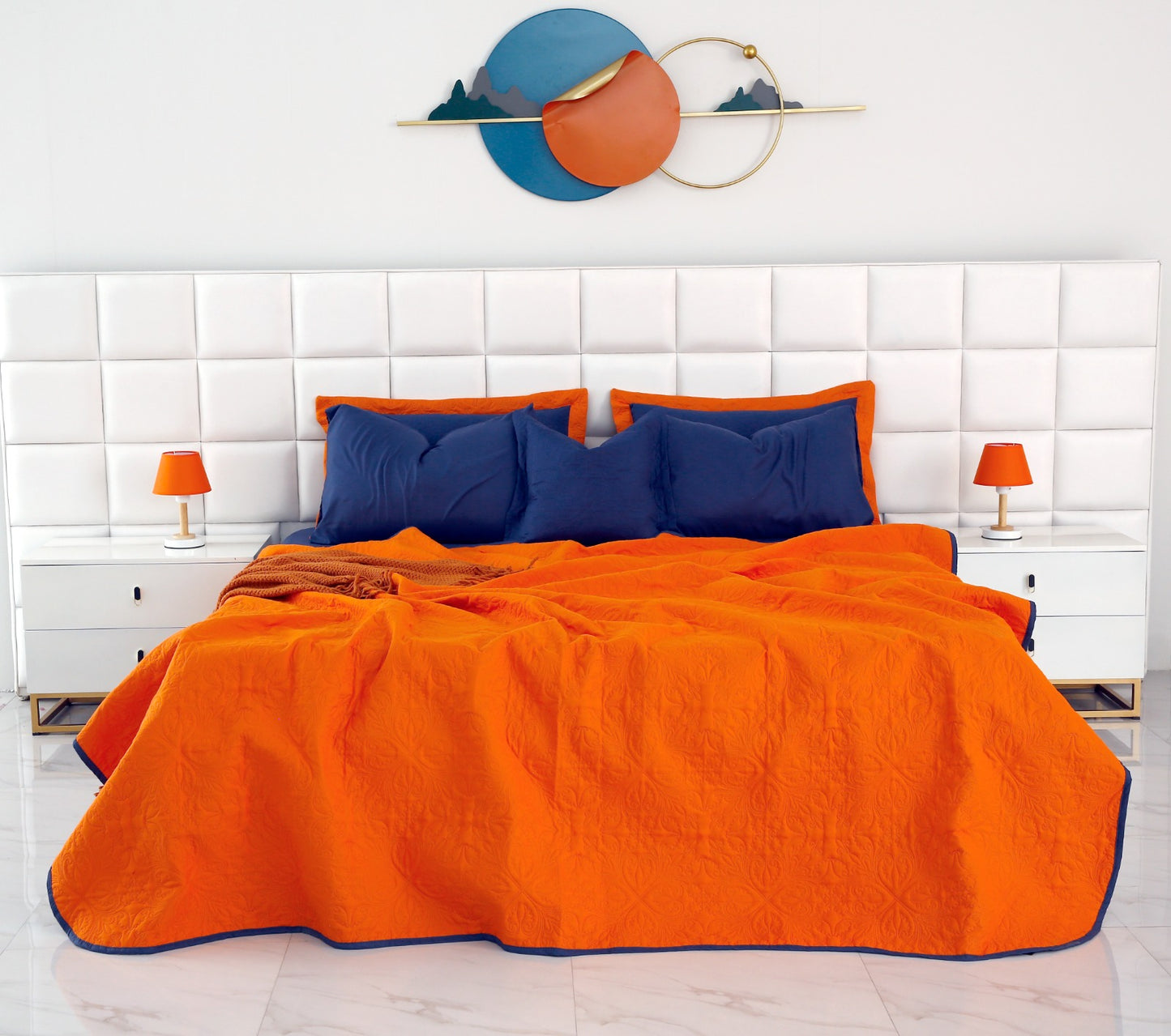 7 PCs Ultrasonic Bed Spread Set-Navy Blue over Orange Bed Spread Apricot   