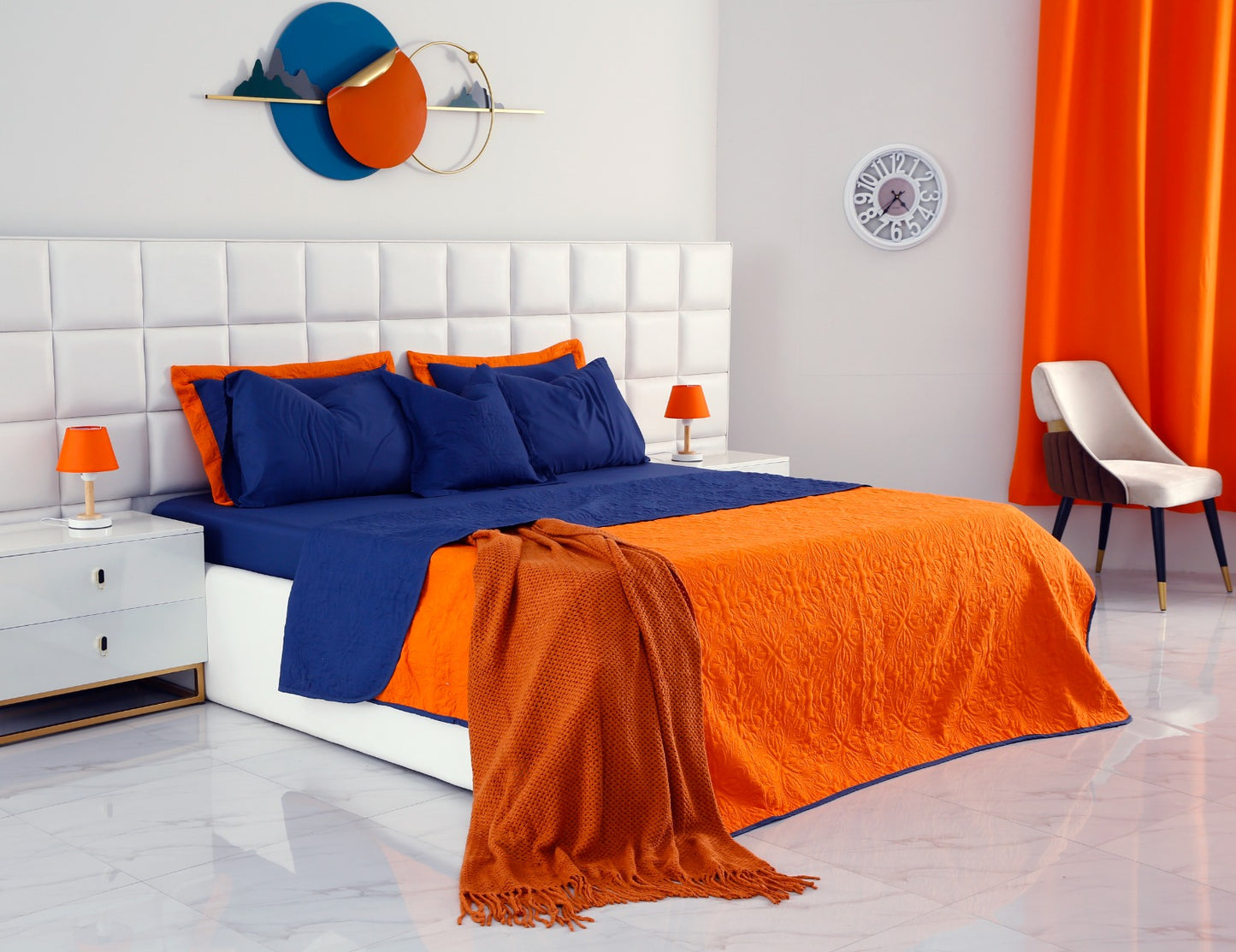 7 PCs Ultrasonic Bed Spread Set-Navy Blue over Orange Bed Spread Apricot   