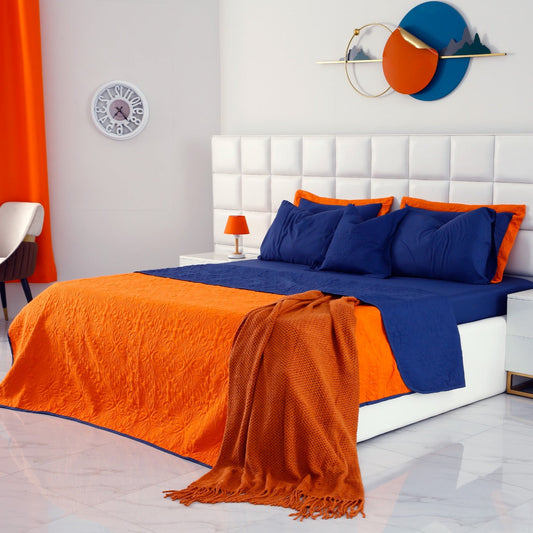 7 PCs Ultrasonic Bed Spread Set-Navy Blue over Orange Bed Spread Apricot   