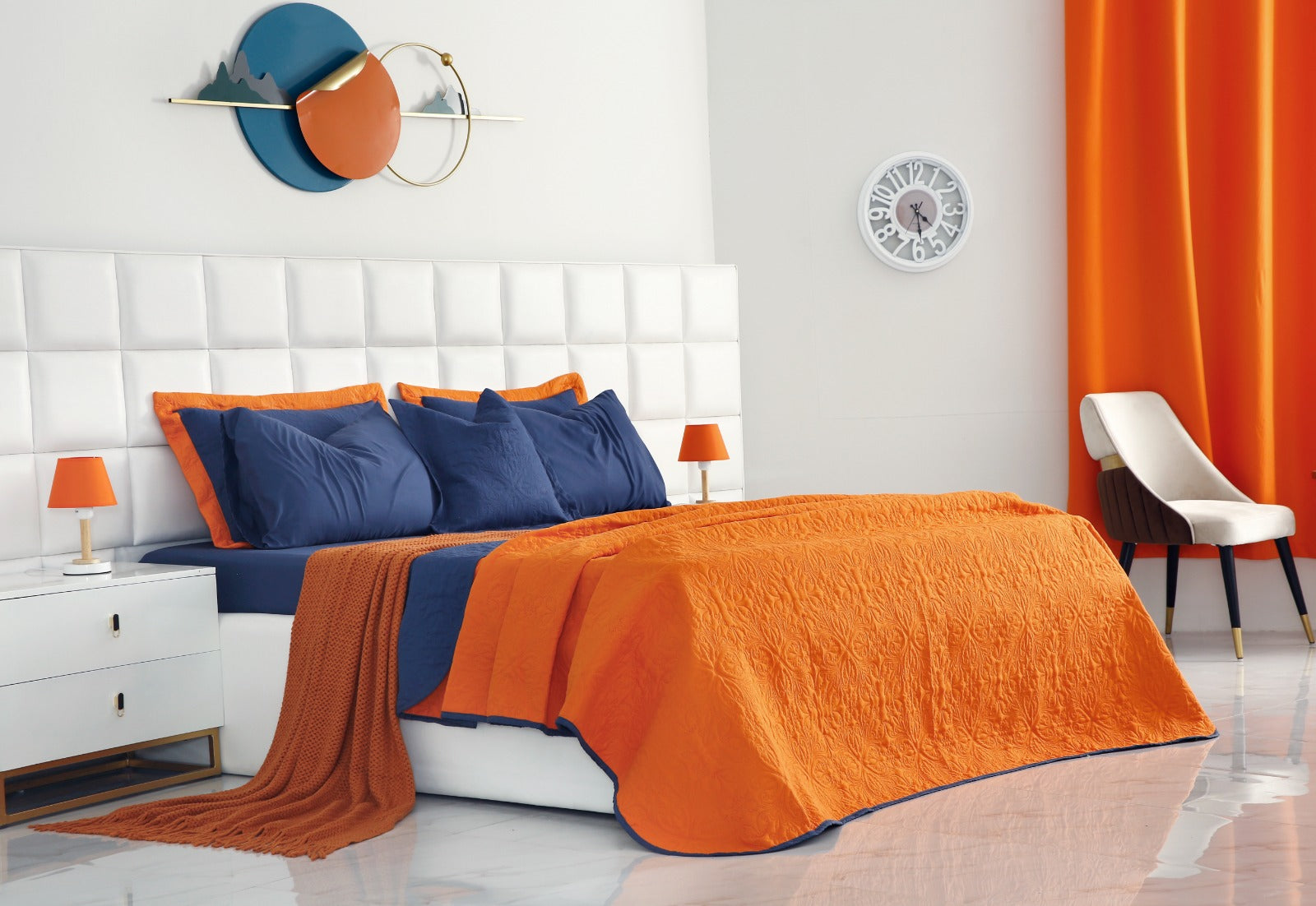 7 PCs Ultrasonic Bed Spread Set-Navy Blue over Orange Bed Spread Apricot   