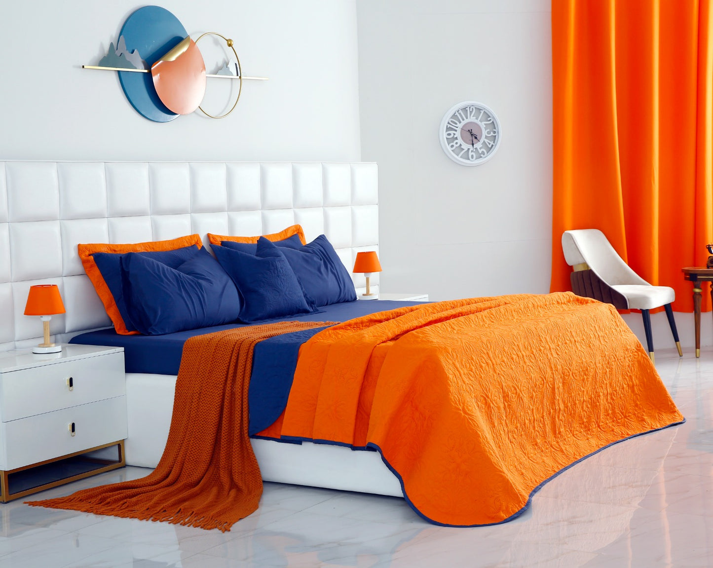 7 PCs Ultrasonic Bed Spread Set-Navy Blue over Orange Bed Spread Apricot   