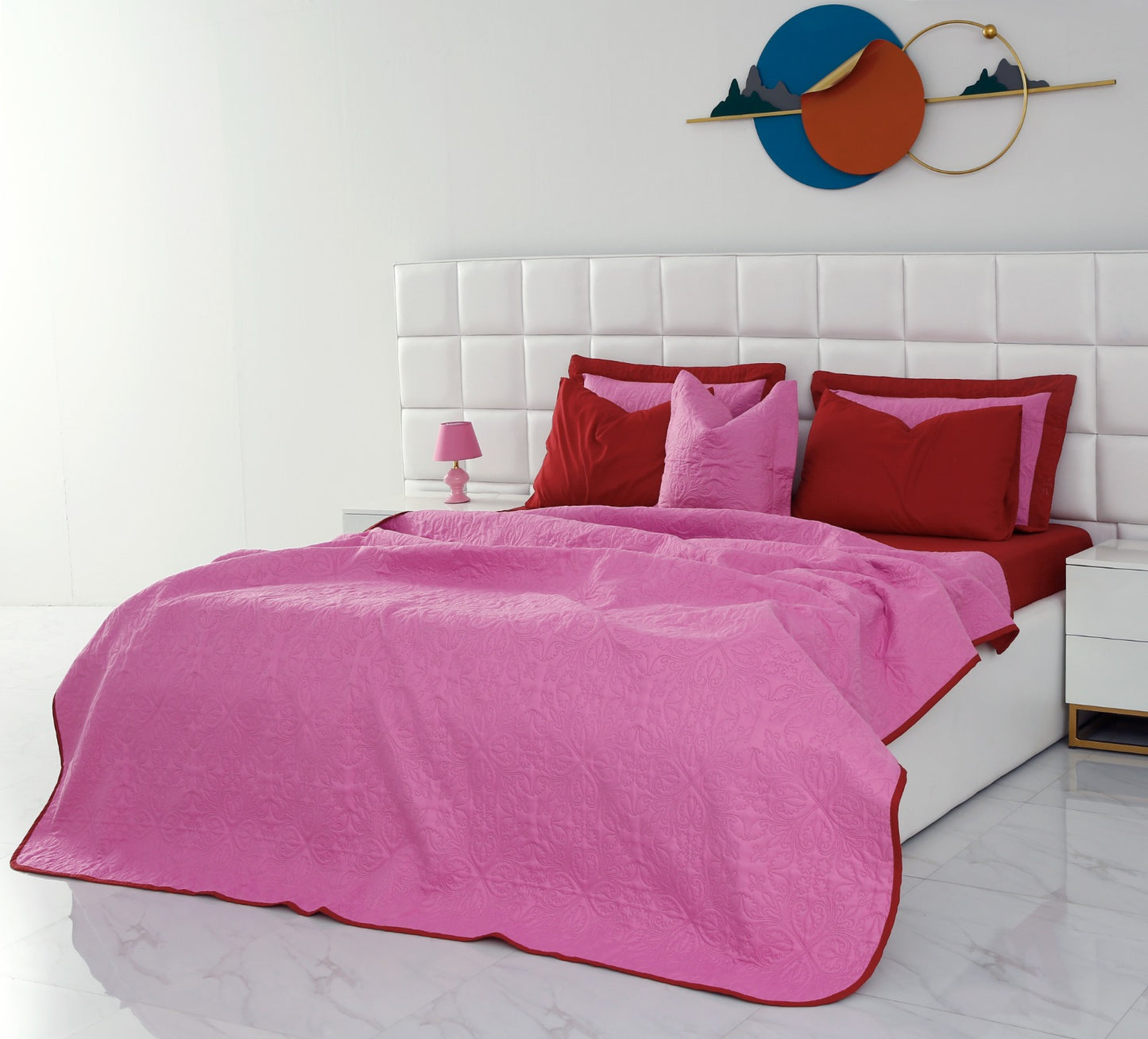 7 PCs Ultrasonic Bed Spread Set-Red over Lilac Bed Spread Apricot   