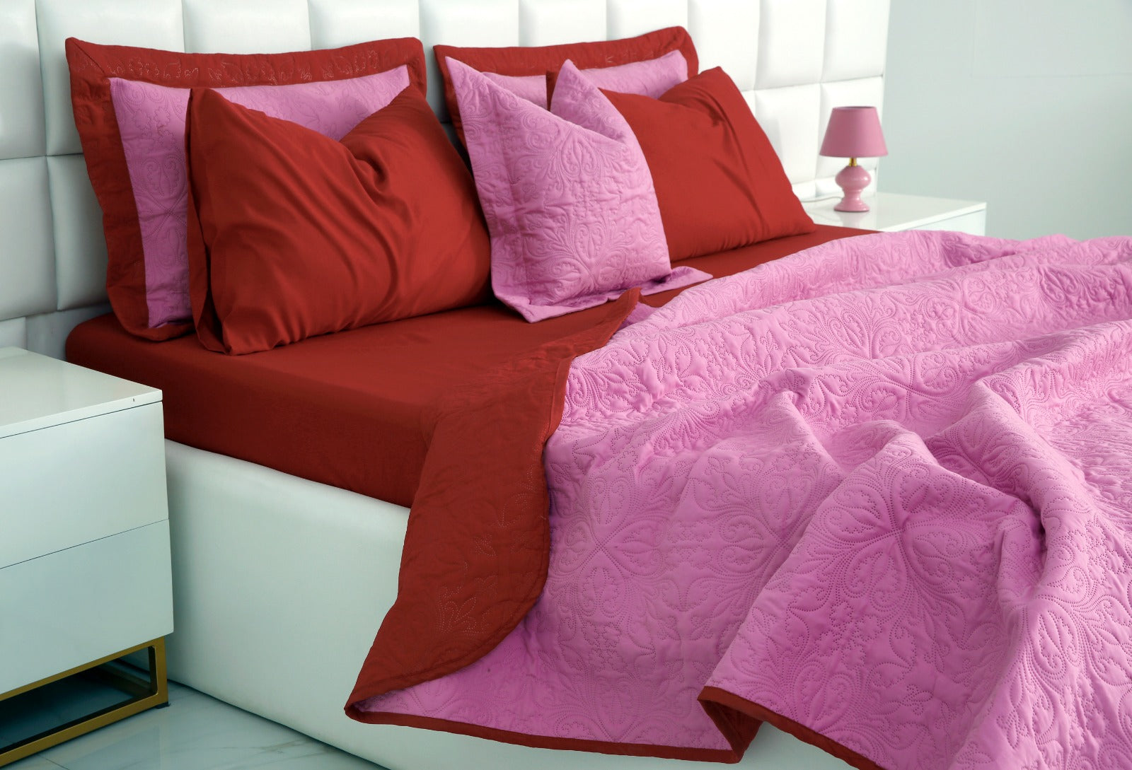 7 PCs Ultrasonic Bed Spread Set-Red over Lilac Bed Spread Apricot   