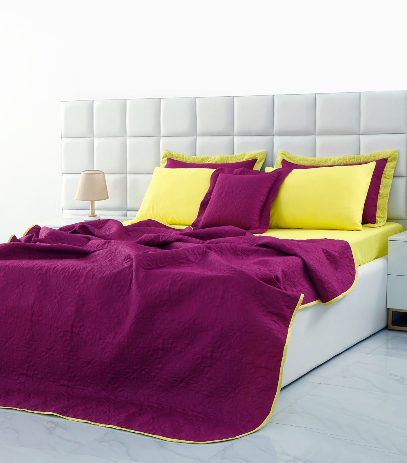 7 PCs Ultrasonic Bed Spread Set-Yellow Over Plum Bed Spread Apricot   