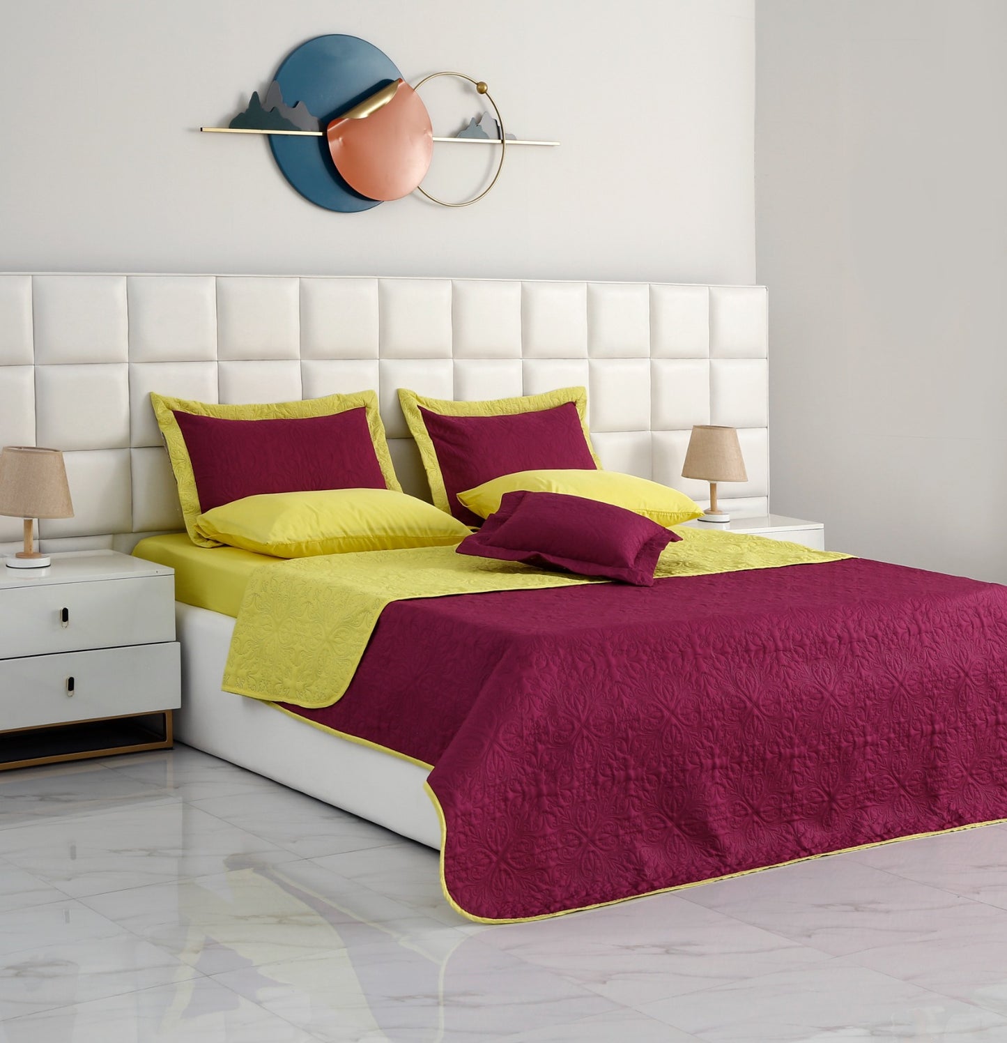 7 PCs Ultrasonic Bed Spread Set-Yellow Over Plum Bed Spread Apricot   