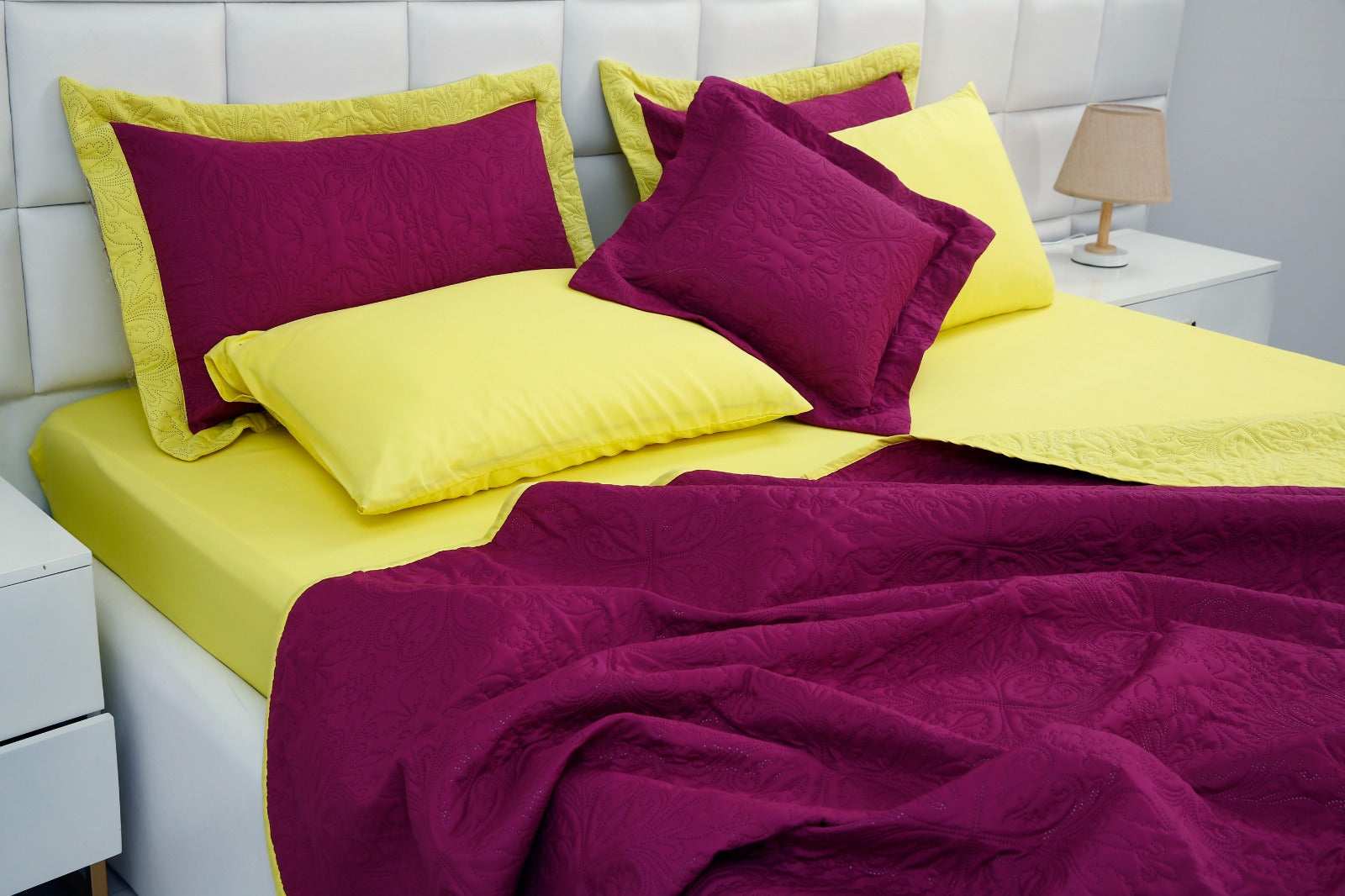 7 PCs Ultrasonic Bed Spread Set-Yellow Over Plum Bed Spread Apricot   