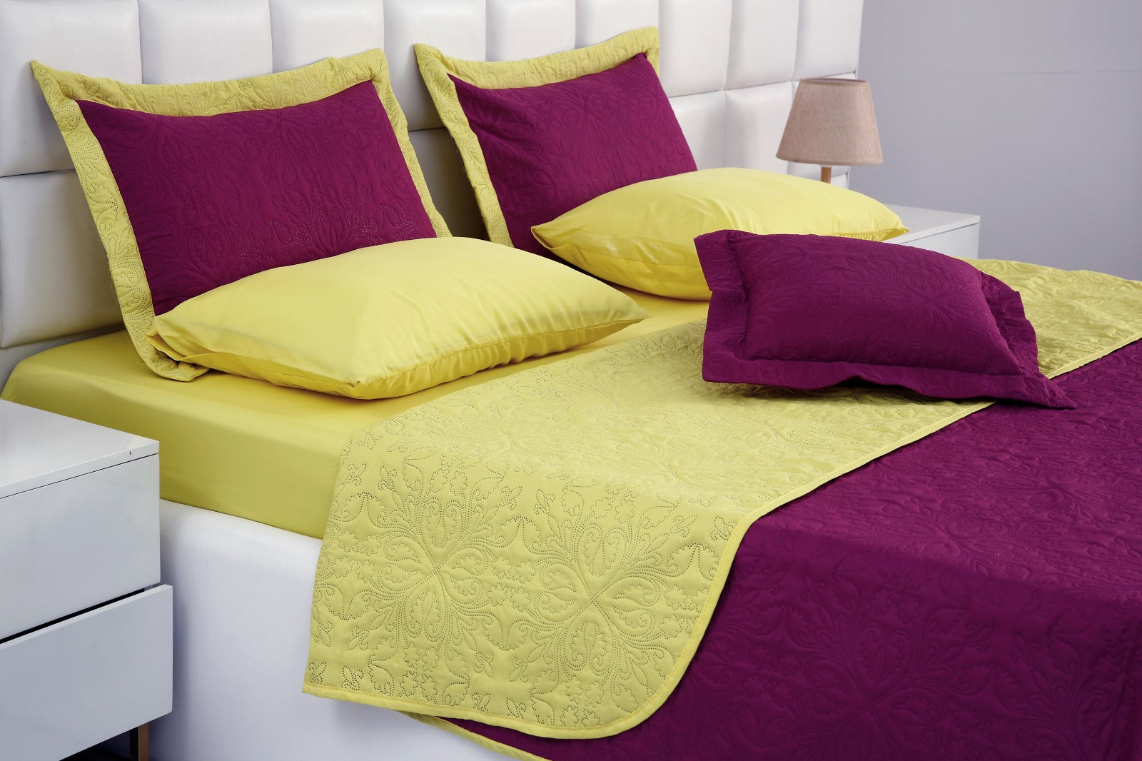 7 PCs Ultrasonic Bed Spread Set-Yellow Over Plum Bed Spread Apricot   