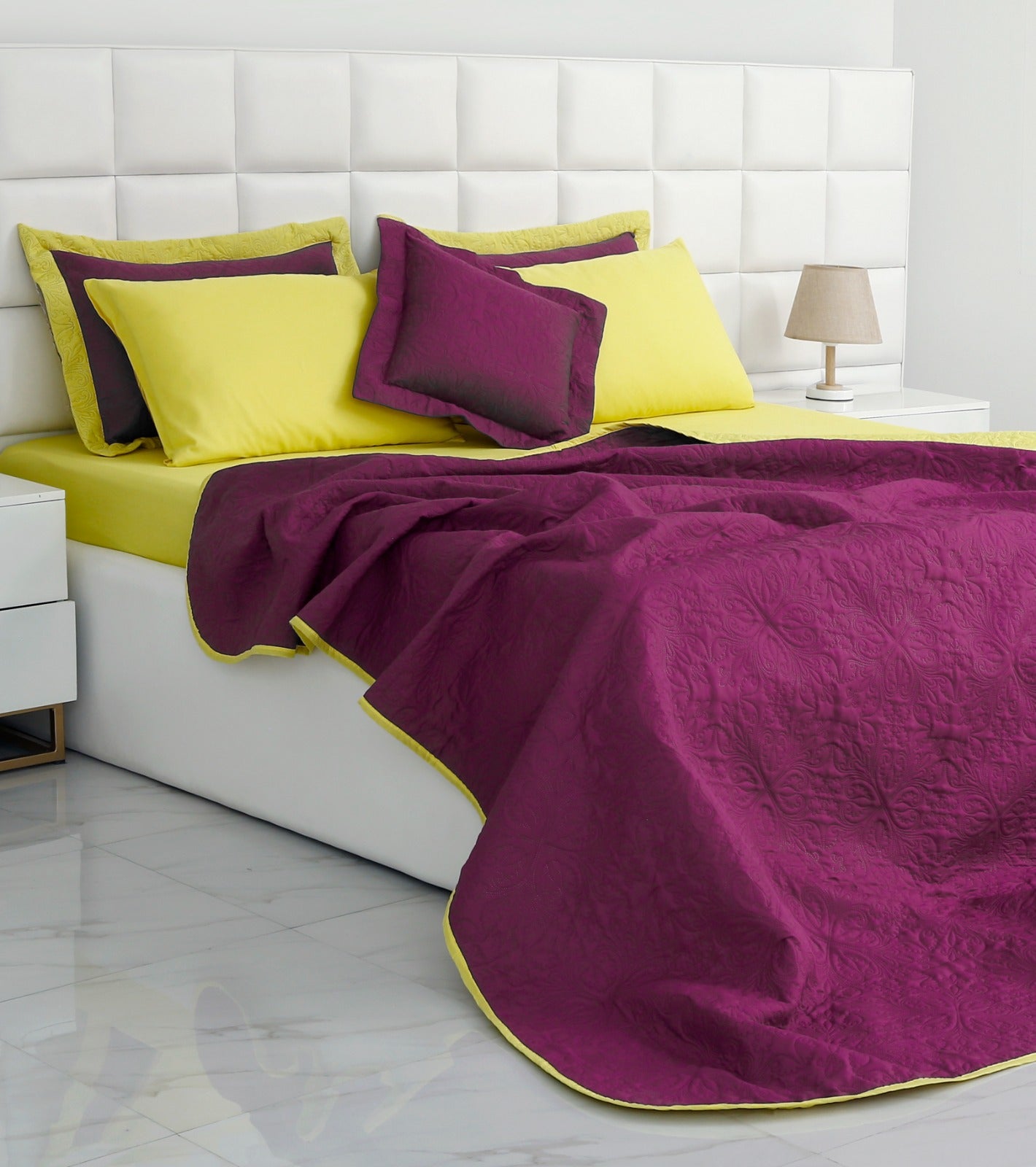 7 PCs Ultrasonic Bed Spread Set-Yellow Over Plum Bed Spread Apricot   