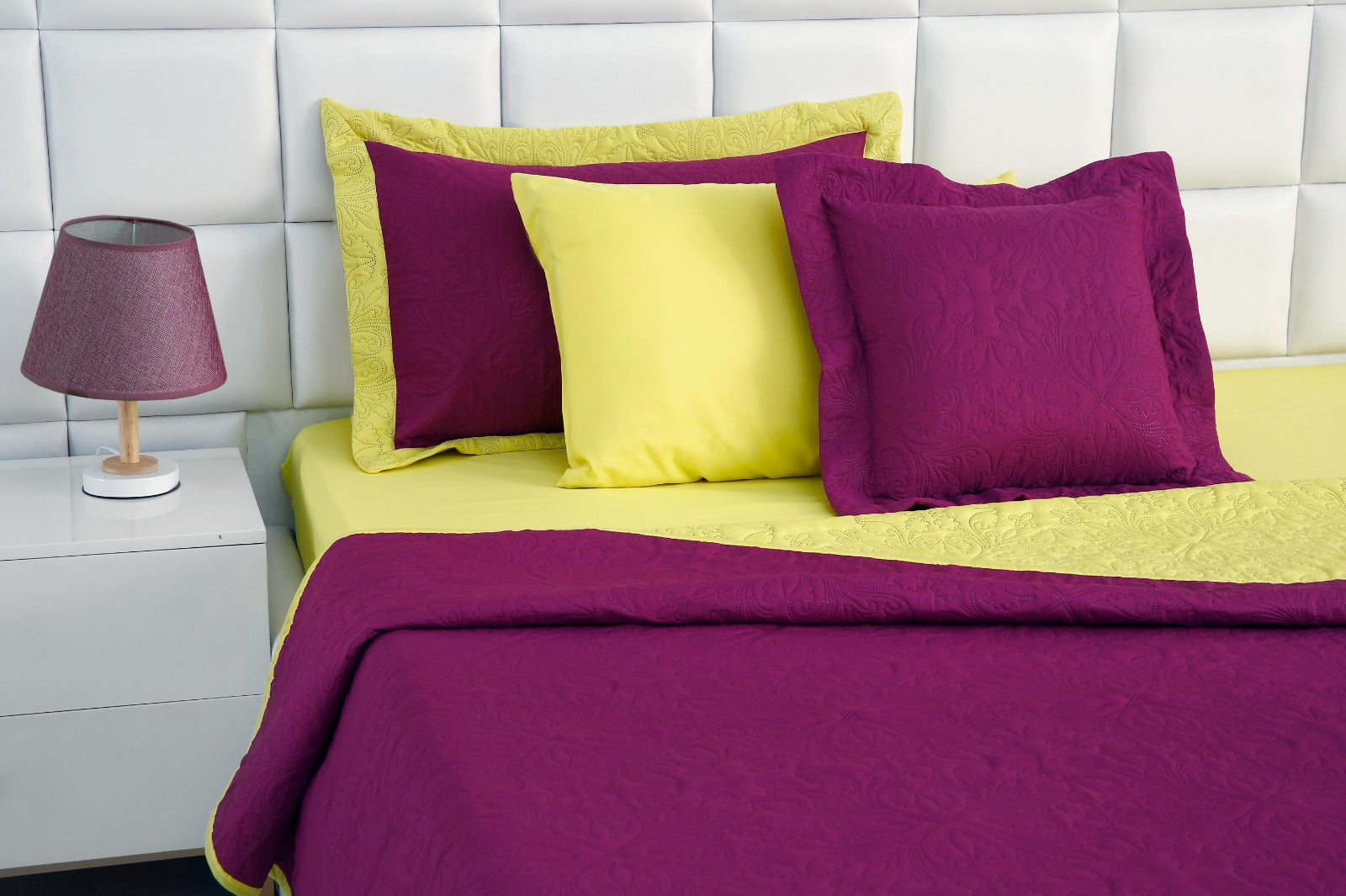 7 PCs Ultrasonic Bed Spread Set-Yellow Over Plum Bed Spread Apricot   