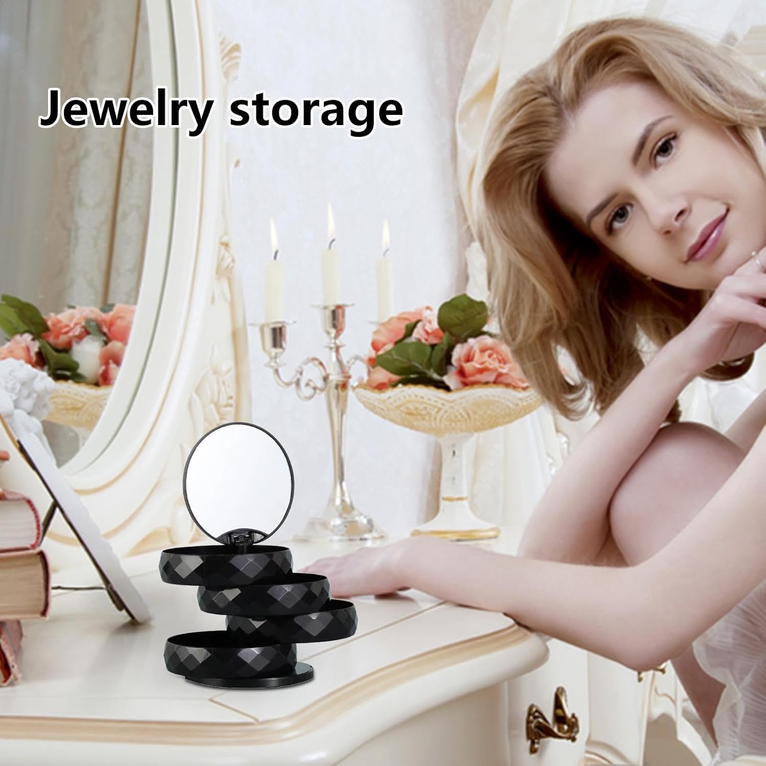 360° Rotatable Jewelry Organizer With Mirror-SA2411-52(Black) Cosmetic Organizer Apricot