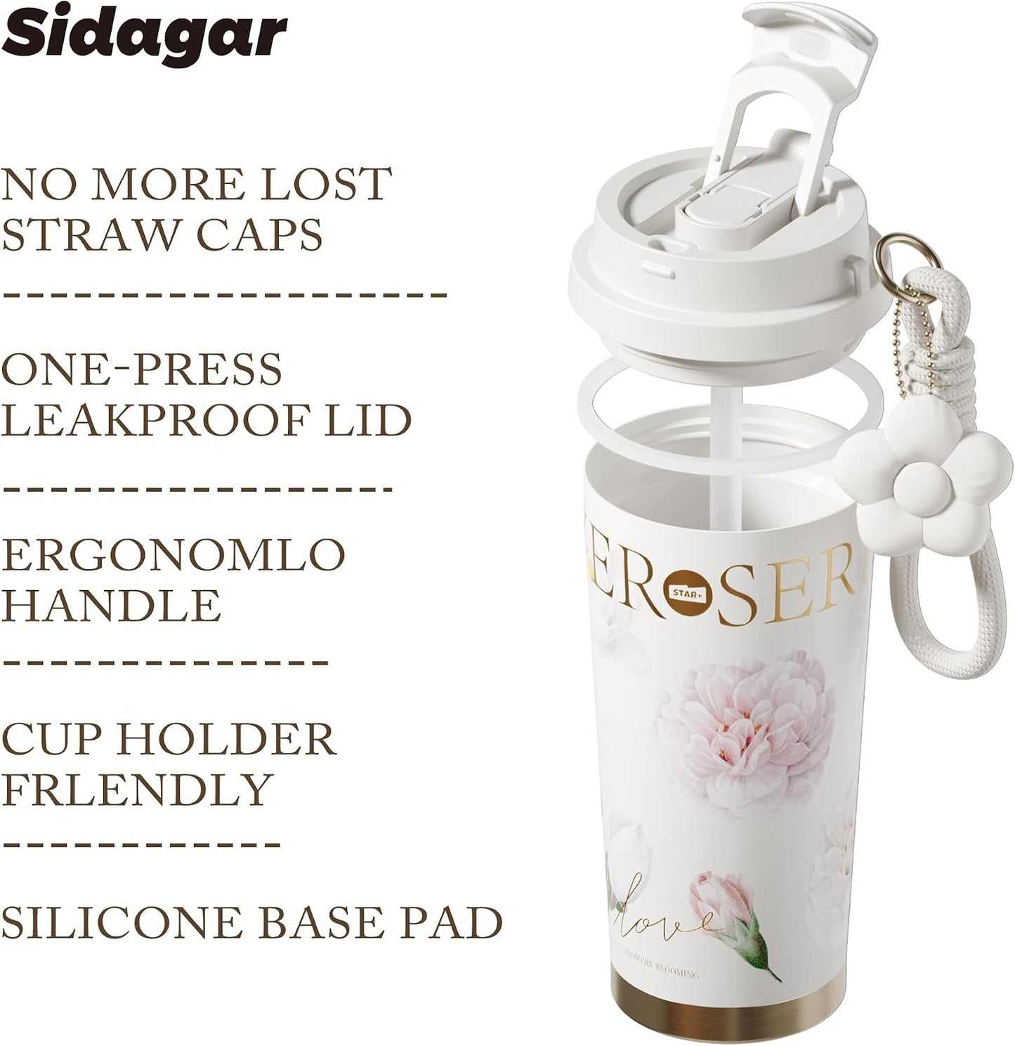 Stainless Steel Flower Coffee Mug- WHITE(WITH Charm) Tumbler Apricot