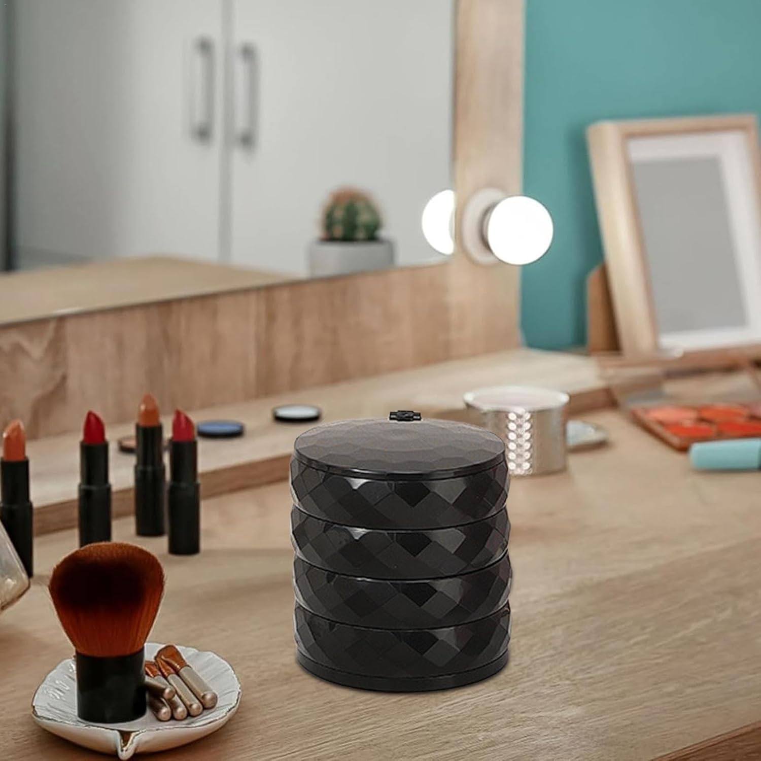 360° Rotatable Jewelry Organizer With Mirror-SA2411-52(Black) Cosmetic Organizer Apricot